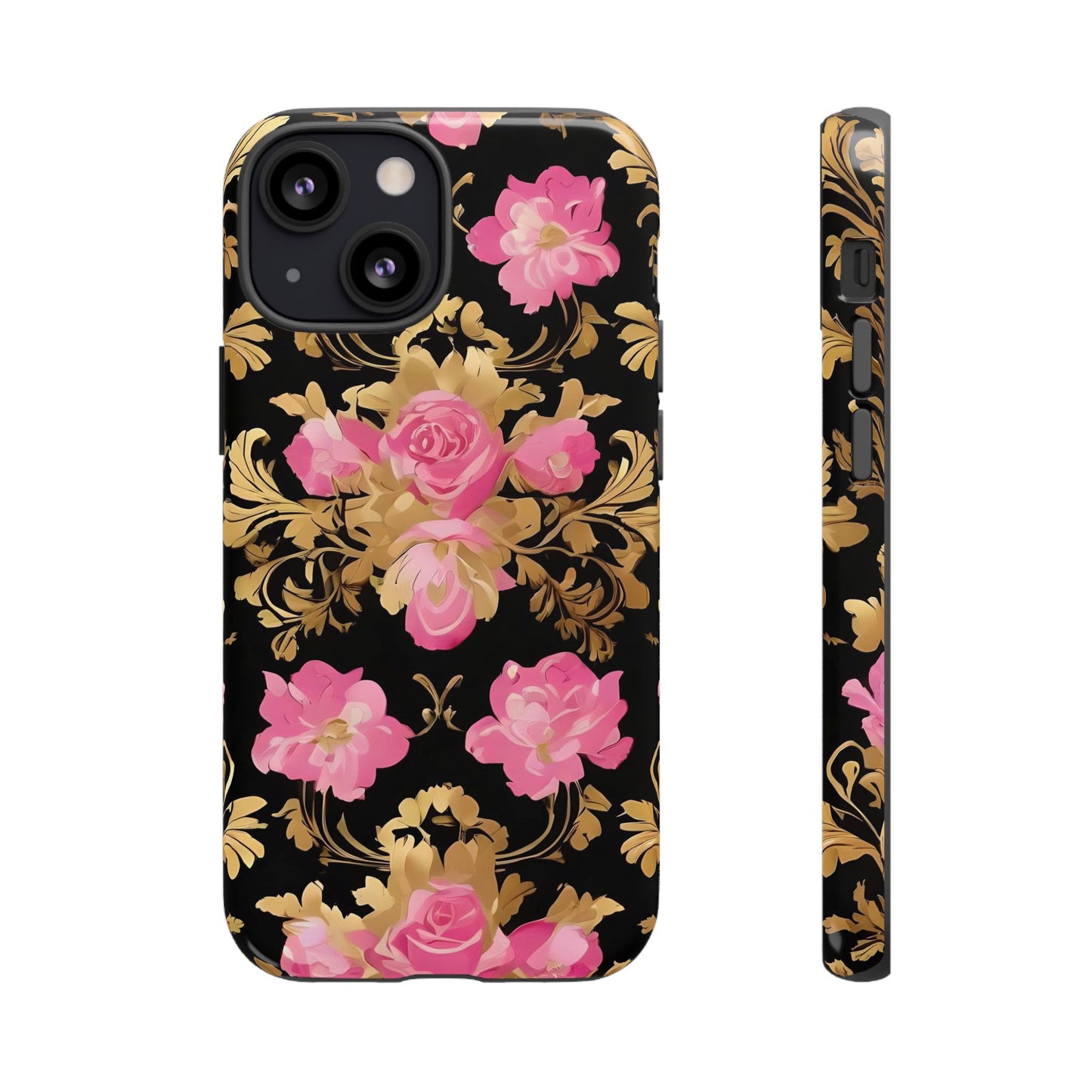 Elegant Floral Motif Phone Case - Tough Cases with Vintage Design - Pink & Gold Roses