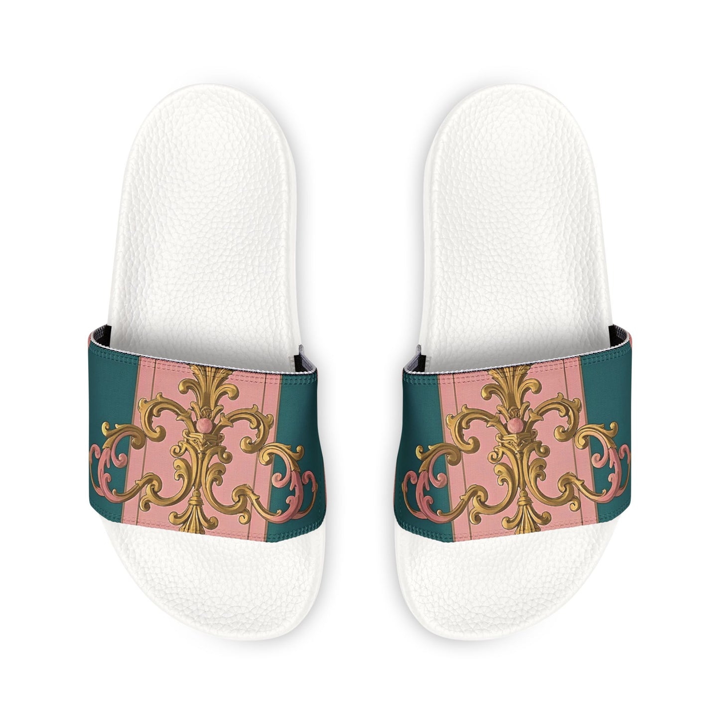 Chic Women's Sandals with Removable Straps, Stylish Summer Footwear, Comfortable Pool Slides - Pink & Teal Striped Gold Baroque