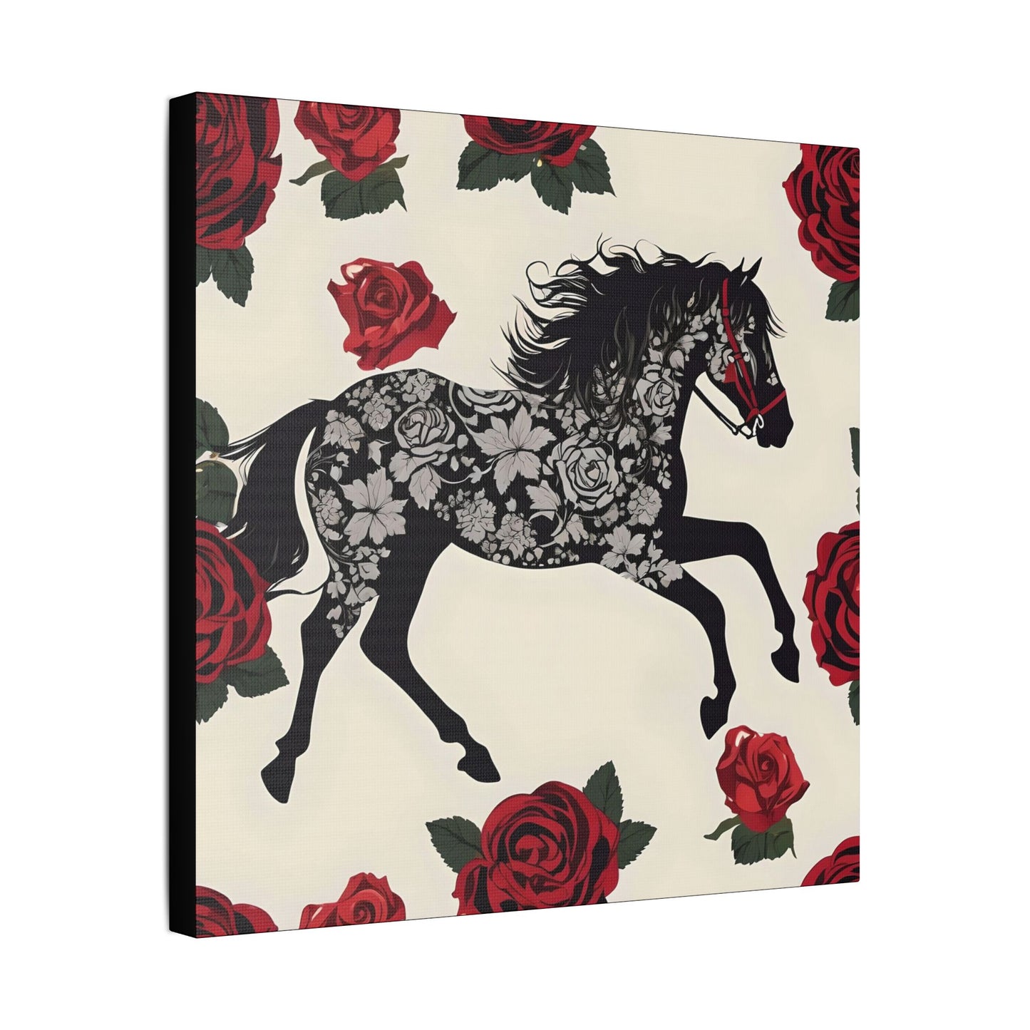Art Print Canvas, Wall Decor, Satin Stretched Canvas, Equestrian Art, Office Decor, Home Decor - Horse & Roses