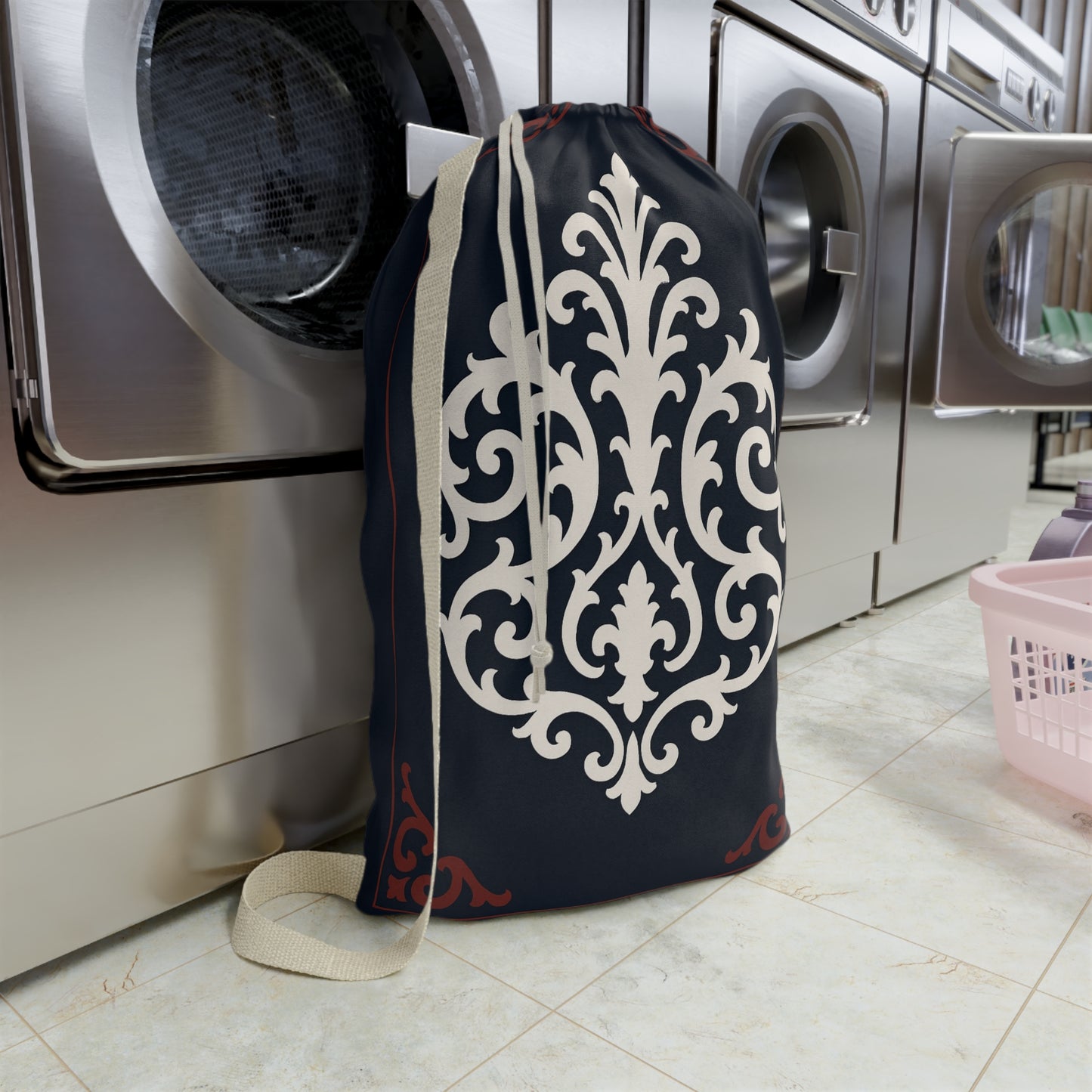 Dusk Blue-Maroon & White Baroque Laundry Bag — Dusk Blue & White Travel Wash Bag