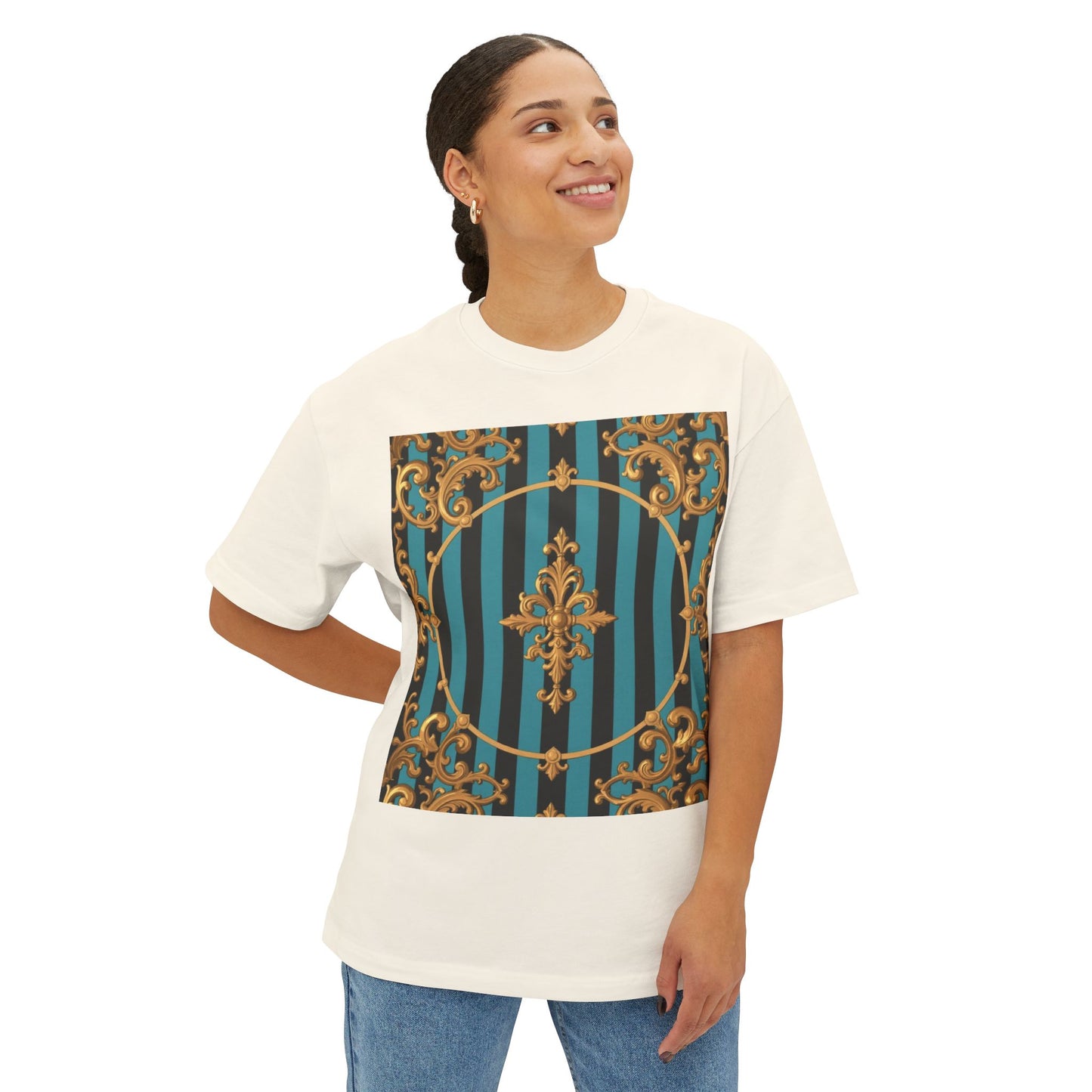 Stylish Turquoise & Black Striped Gold Baroque Unisex Oversized Boxy Tee, Retro Graphic Shirt, Casual Wear, Trendy Fashion, Unique Gift Idea