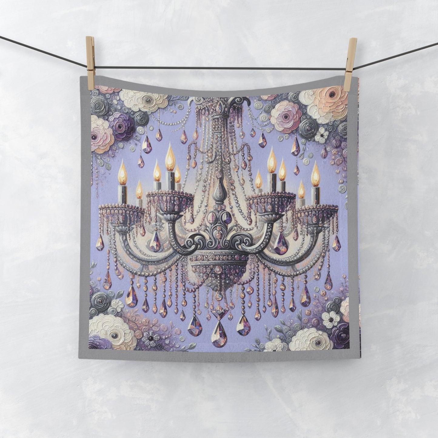 Elegant Floral Chandelier Face Towel | Luxury Bathroom Decor, Gift for Home, Spa Day Essential, Housewarming Gift - Lilac Jeweled Chandelier