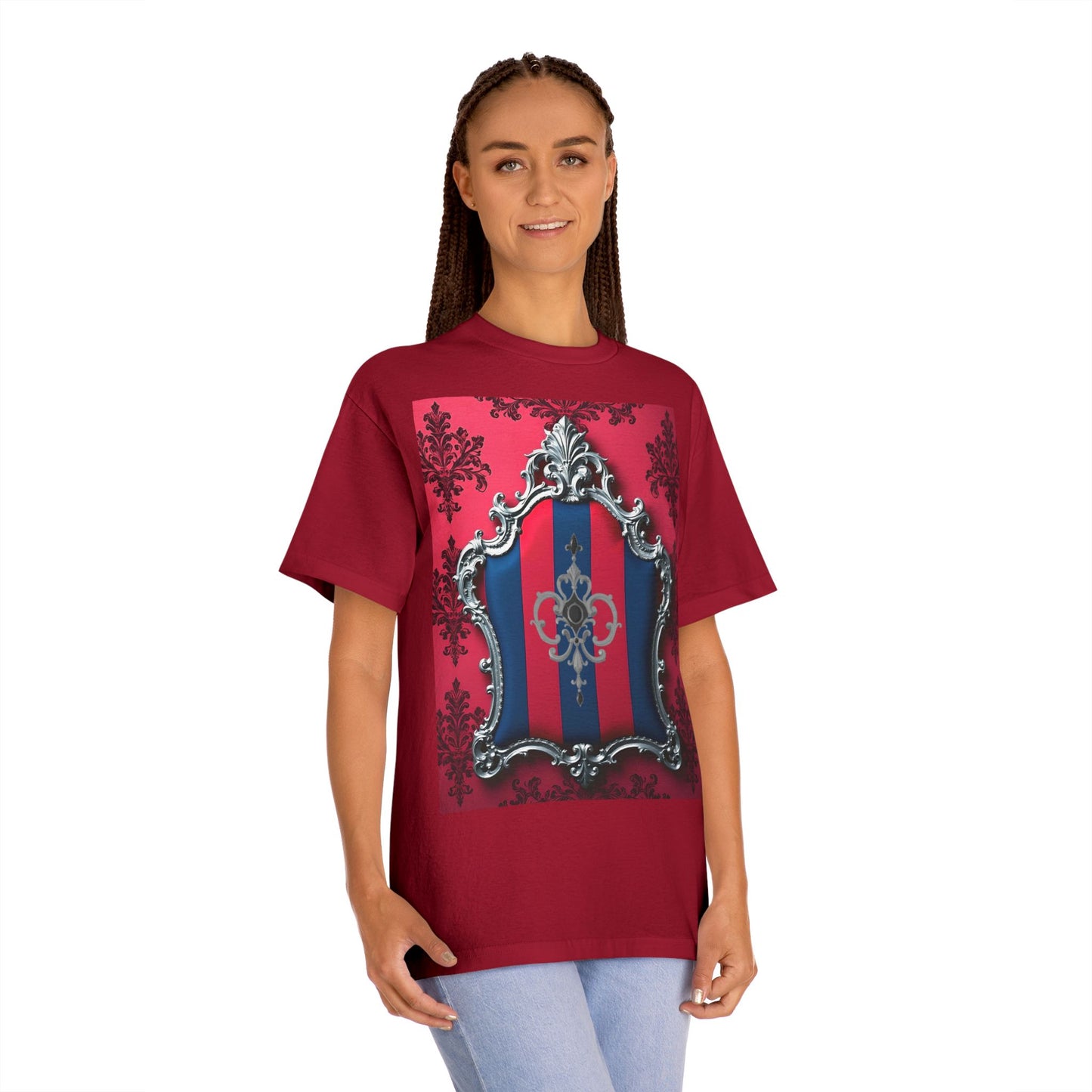 Vintage Couture Shield Unisex Classic Tee, Fashion T-Shirt, Gift for Fashion Lovers, Casual Wear, Unique Graphic Shirt - Blue & Red Striped Silver Crest