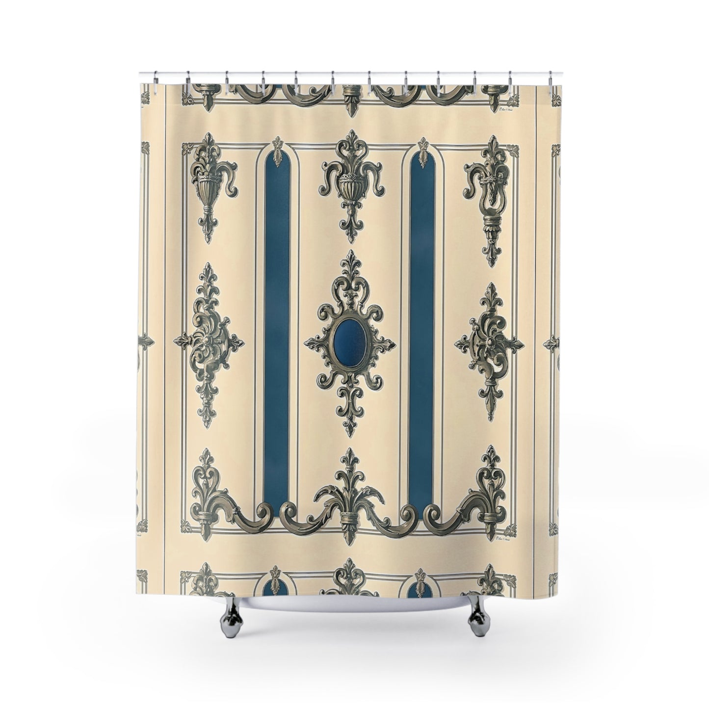 Elegant Vintage Shower Curtain - Classic Blue & Cream Design - Alabaster & Ocean Blue Baroque