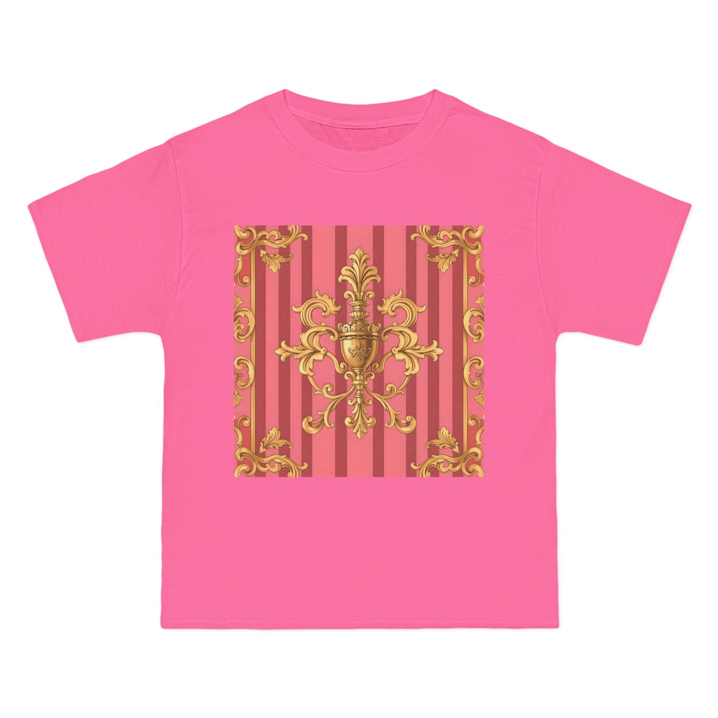 Chic Vintage Style Short-Sleeve T-Shirt - Elegant Baroque Design | Fashion Top, Gift for Her, Casual Wear - Pink Striped Gold Baroque
