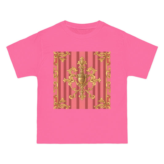 Chic Vintage Style Short-Sleeve T-Shirt - Elegant Baroque Design | Fashion Top, Gift for Her, Casual Wear - Pink Striped Gold Baroque