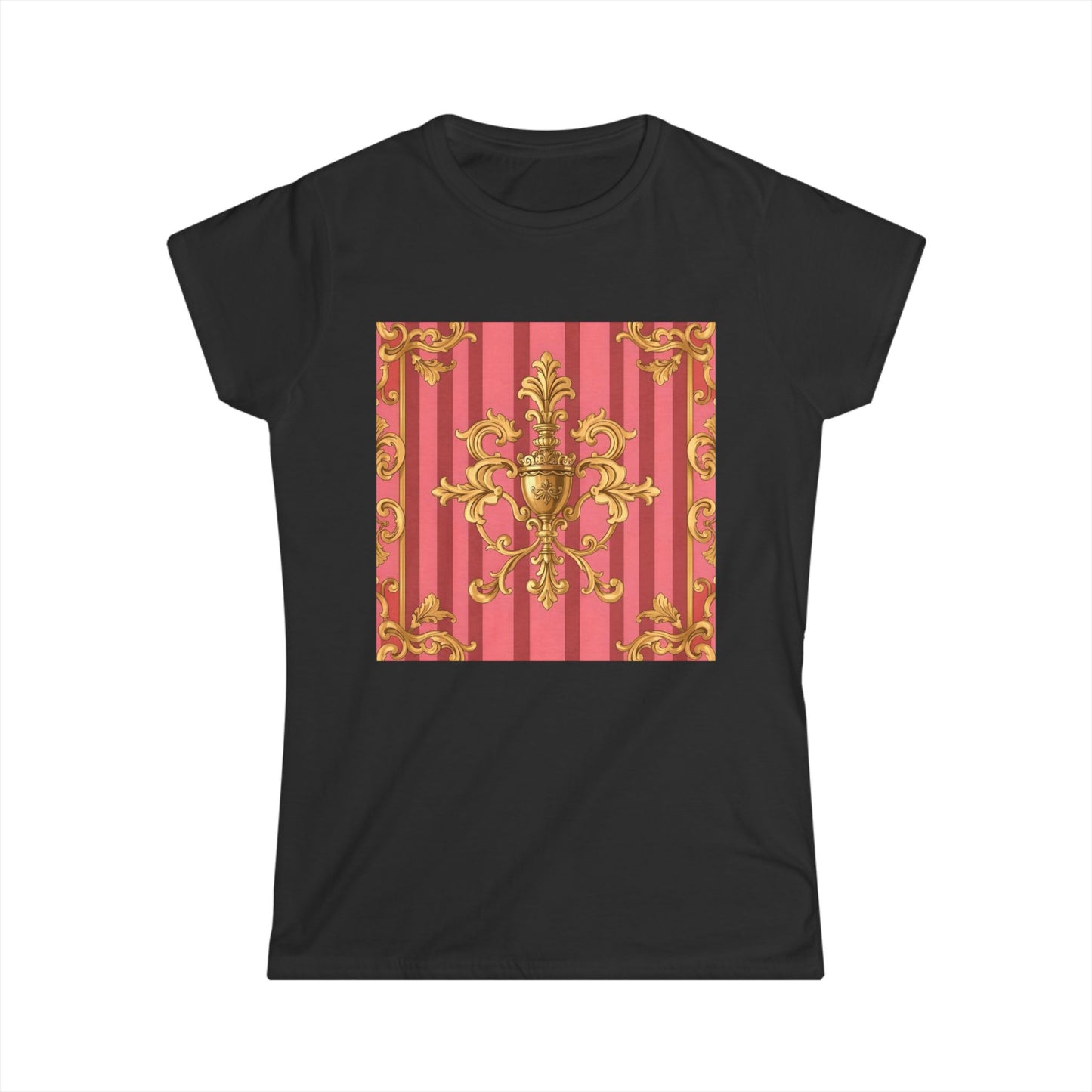 Chic Baroque Pattern Women's Softstyle Tee, Casual Summer Fashion, Gift for Her, Elegant Everyday Wear - Pink Striped Gold Baroque