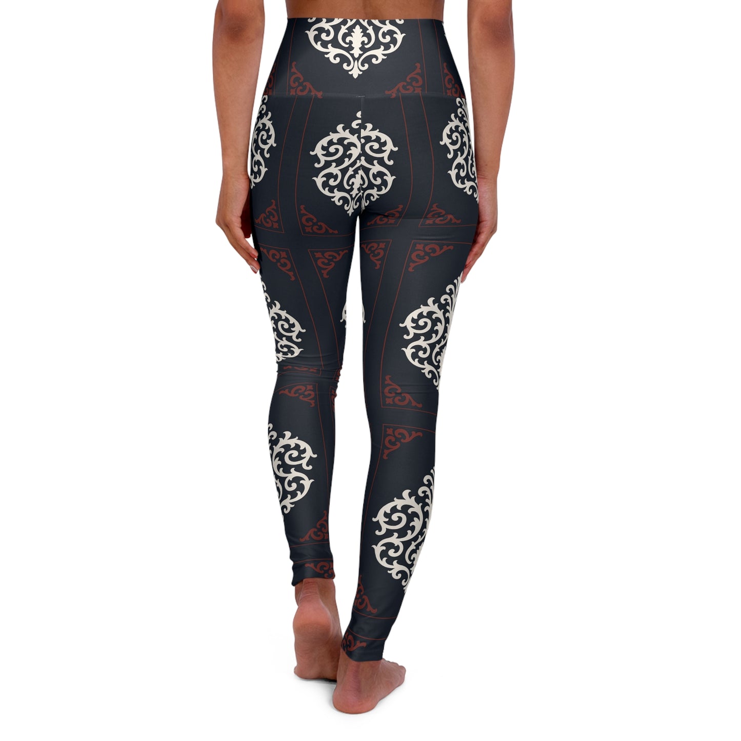 Dusk Blue & Maroon-White Baroque High-Waisted Yoga Leggings — Dusk Blue & White Baroque All-Over Print
