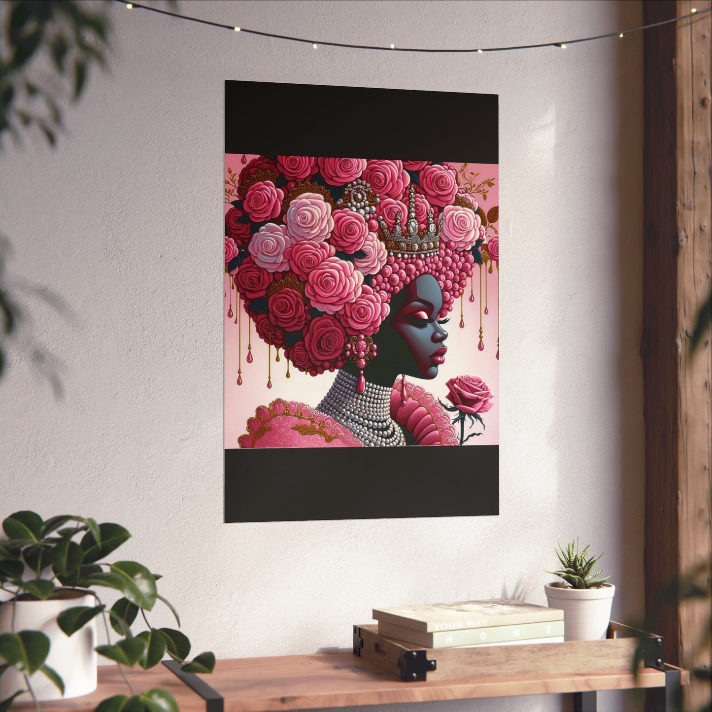 Floral Afro Art Poster - Elegant Matte Vertical Wall Decor - Pink Lady With Roses
