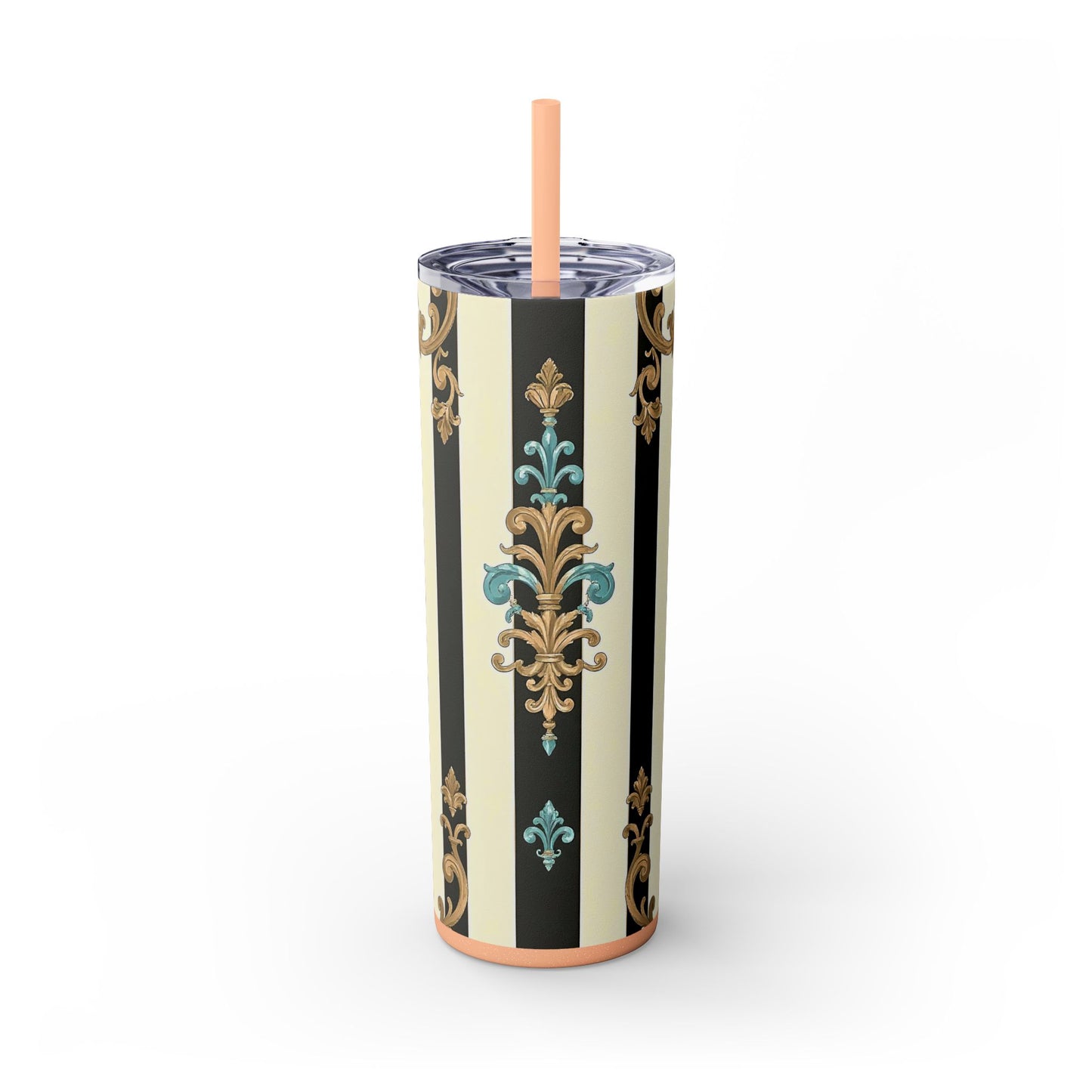Elegant Stripe Skinny Tumbler | 20oz | Ideal Gift for Home, Office, Travel, Party, or Everyday Use - Black Striped Turquoise & Black Rococo