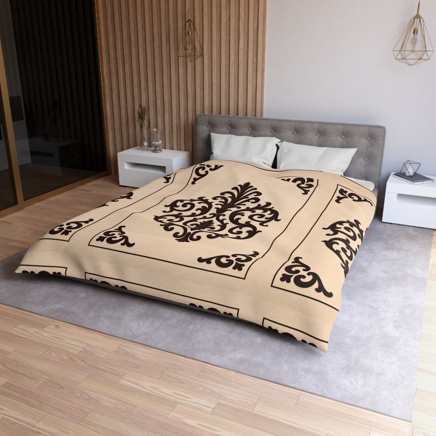 Almond-Beige & Brown Baroque Microfiber Duvet Cover — Classic Beige & Brown Decorative Bedding