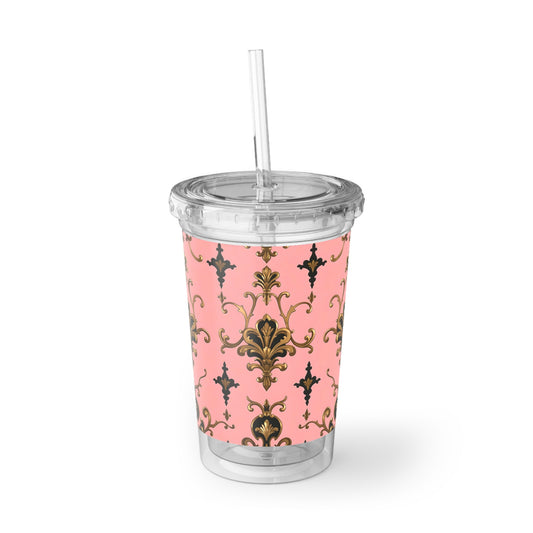 Chic Travel Cup, Elegant Plastic Tumbler for Coffee or Water, Party Favors, Gift for Friends - Pink, Black & Gold Rococo