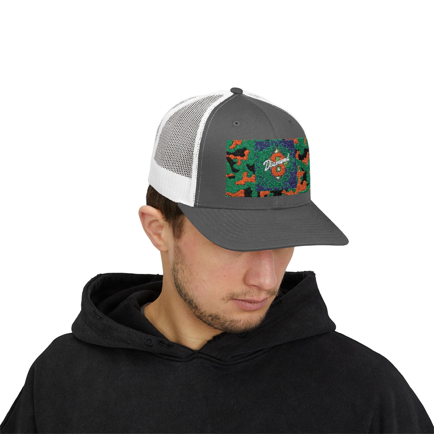 Colorful Camouflage Snapback Trucker Cap, Casual Hat, Outdoor Gear, Unisex Headwear, Gift for Him/Her - Green & Orange Camo Diamond 8