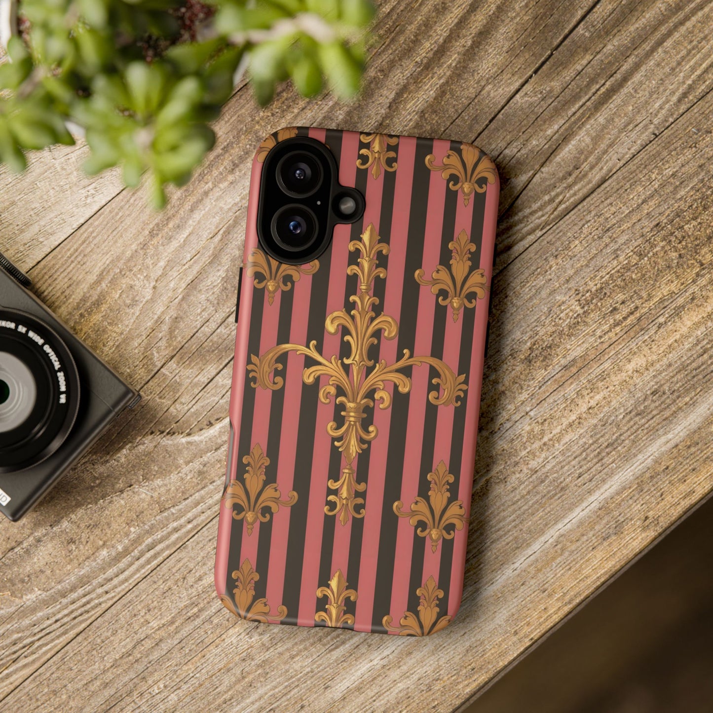 Elegant Floral Motif Phone Case - Tough Cases with Vintage Design - Mauve Striped Gold Damask