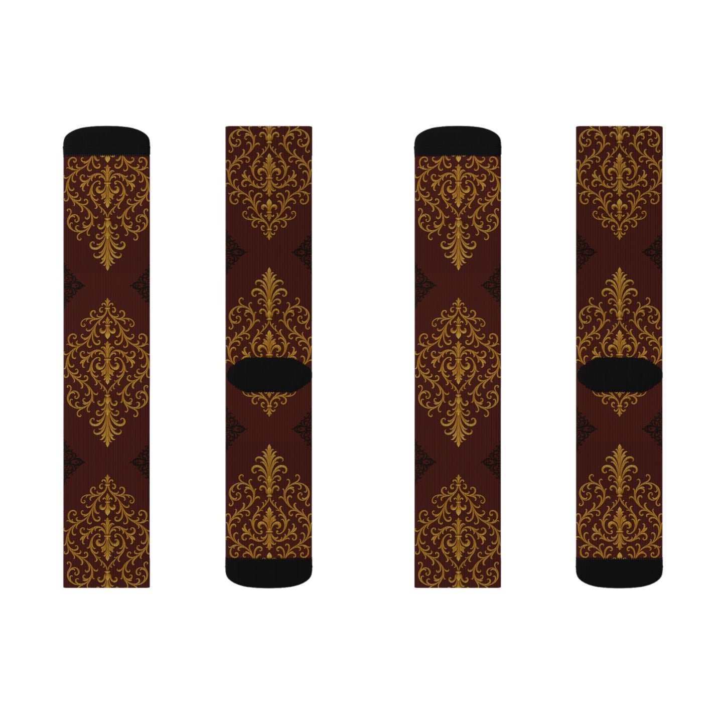 Dusk Burgundy-Black & Gold Baroque Sublimation Socks — Vintage Baroque Patterned Crew Socks