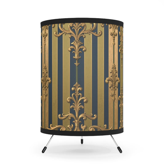 Elegant Midnight Blue & Olive Striped Gold Baroque Tripod Lamp, Vintage Home Decor, Decorative Lighting, Gold and Navy Shade