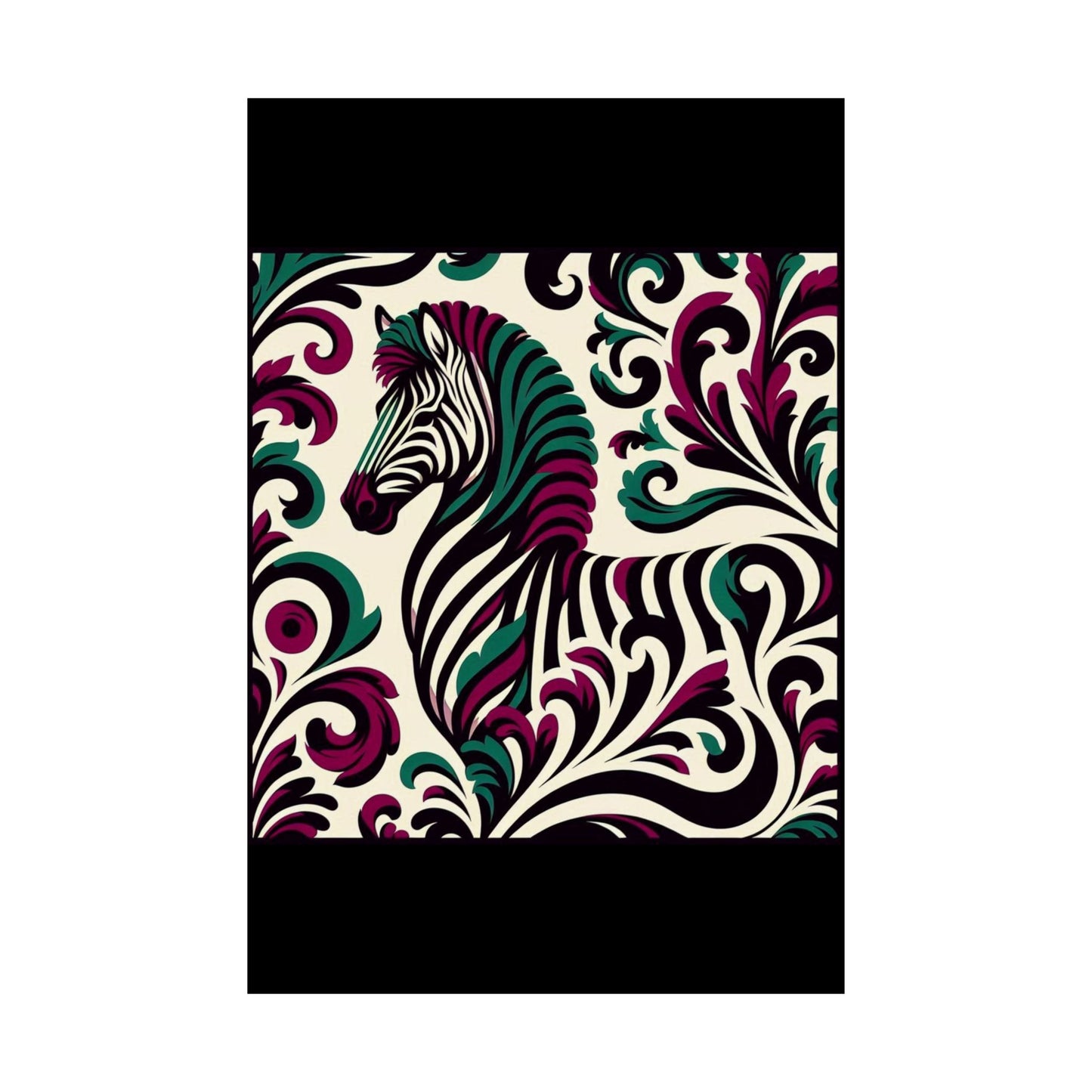 Floral Art Poster - Elegant Matte Vertical Wall Decor - Burgundy & Green Zebra Damask Design