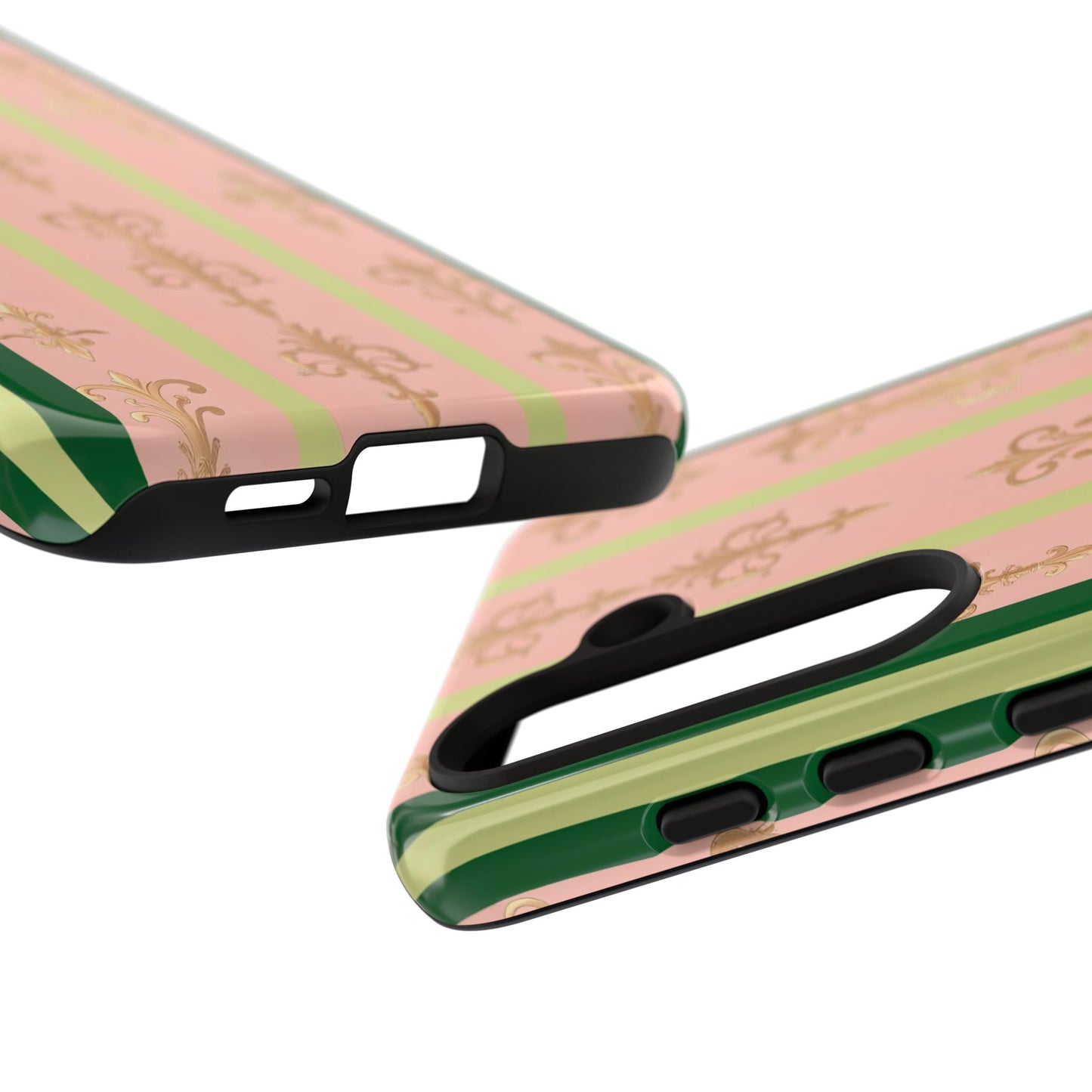 Elegant Floral Motif Phone Case - Tough Cases with Vintage Design - Lime Green & Pink Striped Damask