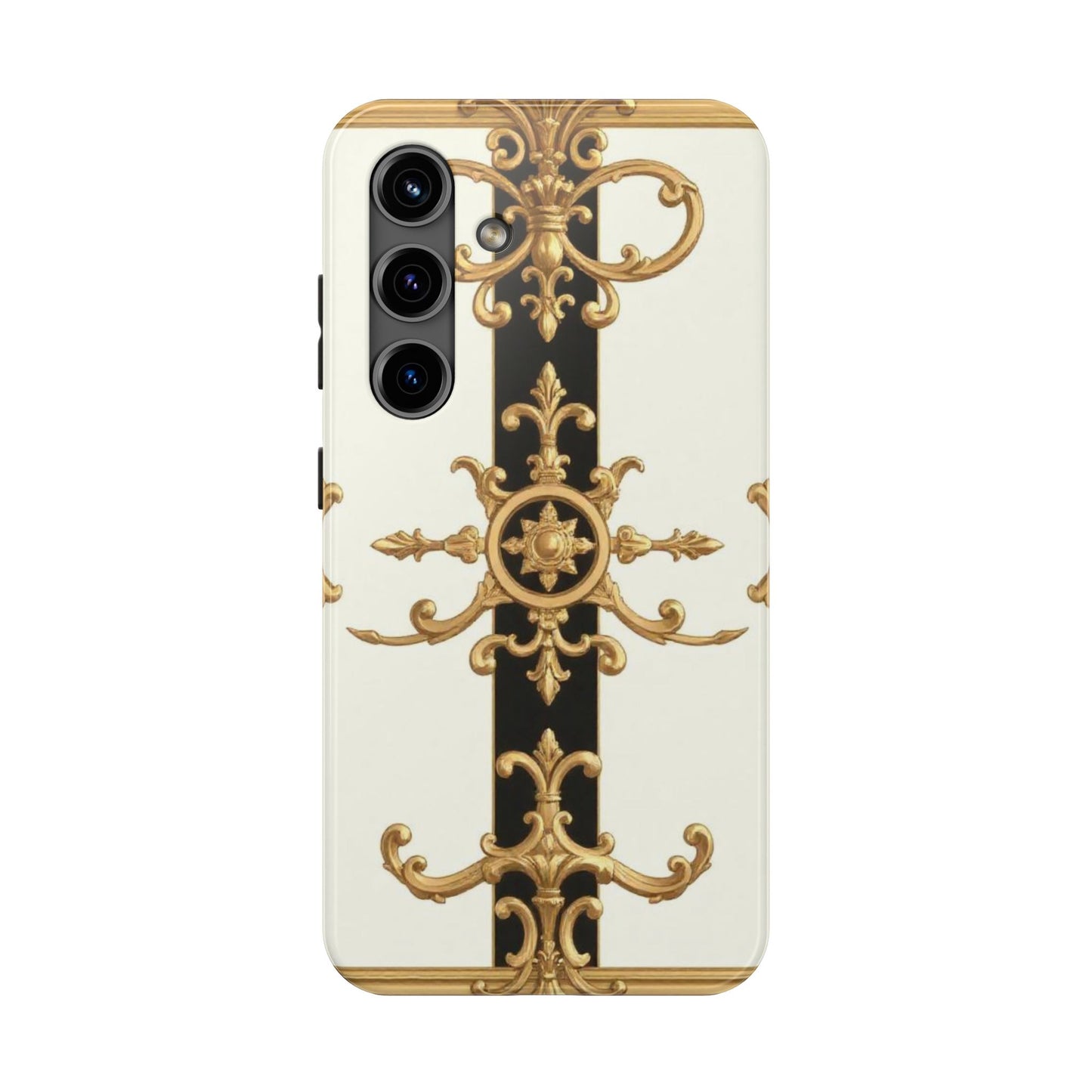 Elegant Baroque Tough Phone Case | Stylish Protection for Your Device, Gift for Her, Phone Accessories - Black & White Striped Gold Baroque