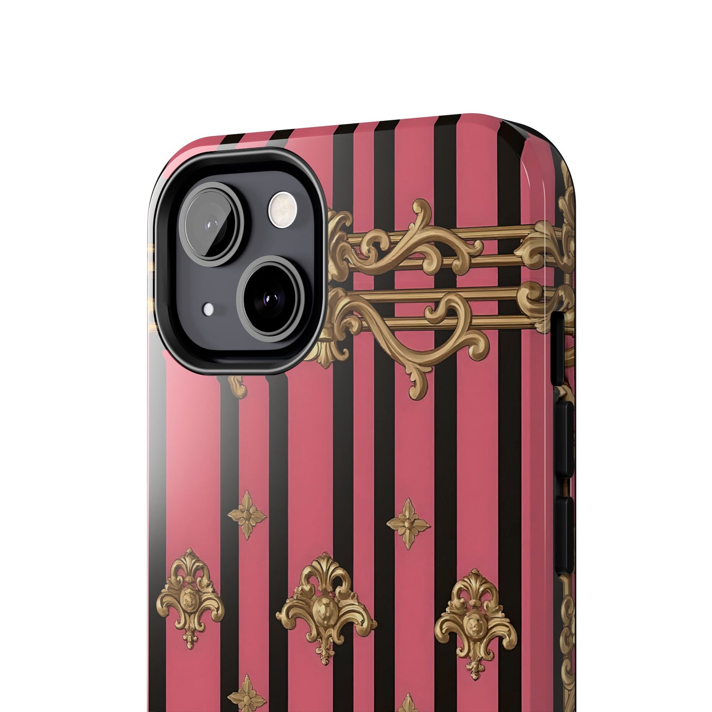 Elegant Floral Phone Cases, Stylish Protective Case for Trendy Individuals, Unique Gift for Tech Lovers, Phone Accessories - Pink Striped Gold Rococo