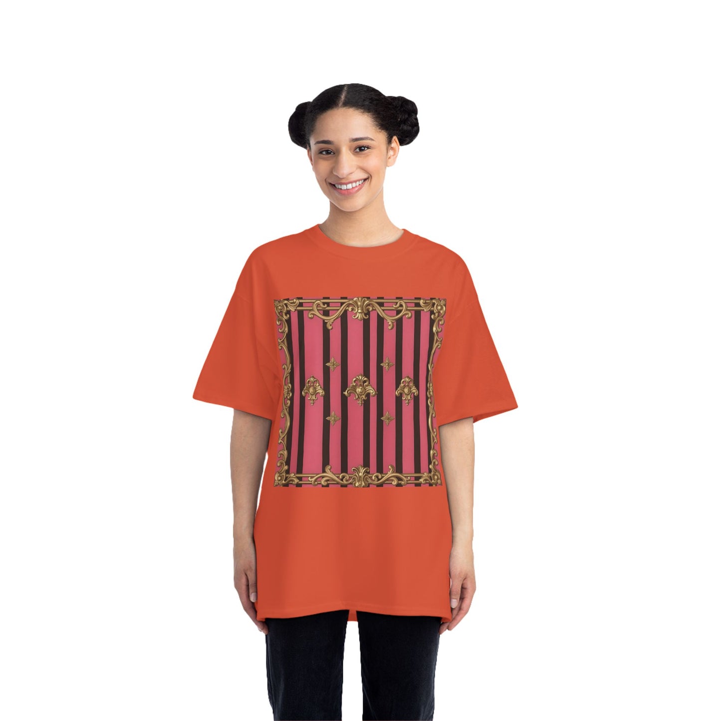 Elegant Baroque Short-Sleeve T-Shirt - Artistic Fashion, Graphics Tee, Unique Gift, Stylish Apparel, Casual Wear - Pink Striped Gold Rococo
