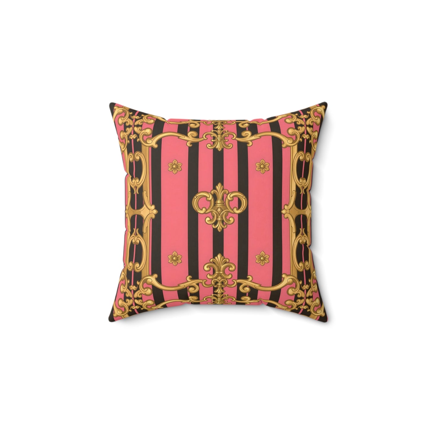 Ornate Faux Suede Pillow, Baroque Decor, Couch Cushion, Glamorous Throw Pillow - Pink & Black Striped Gold Baroque