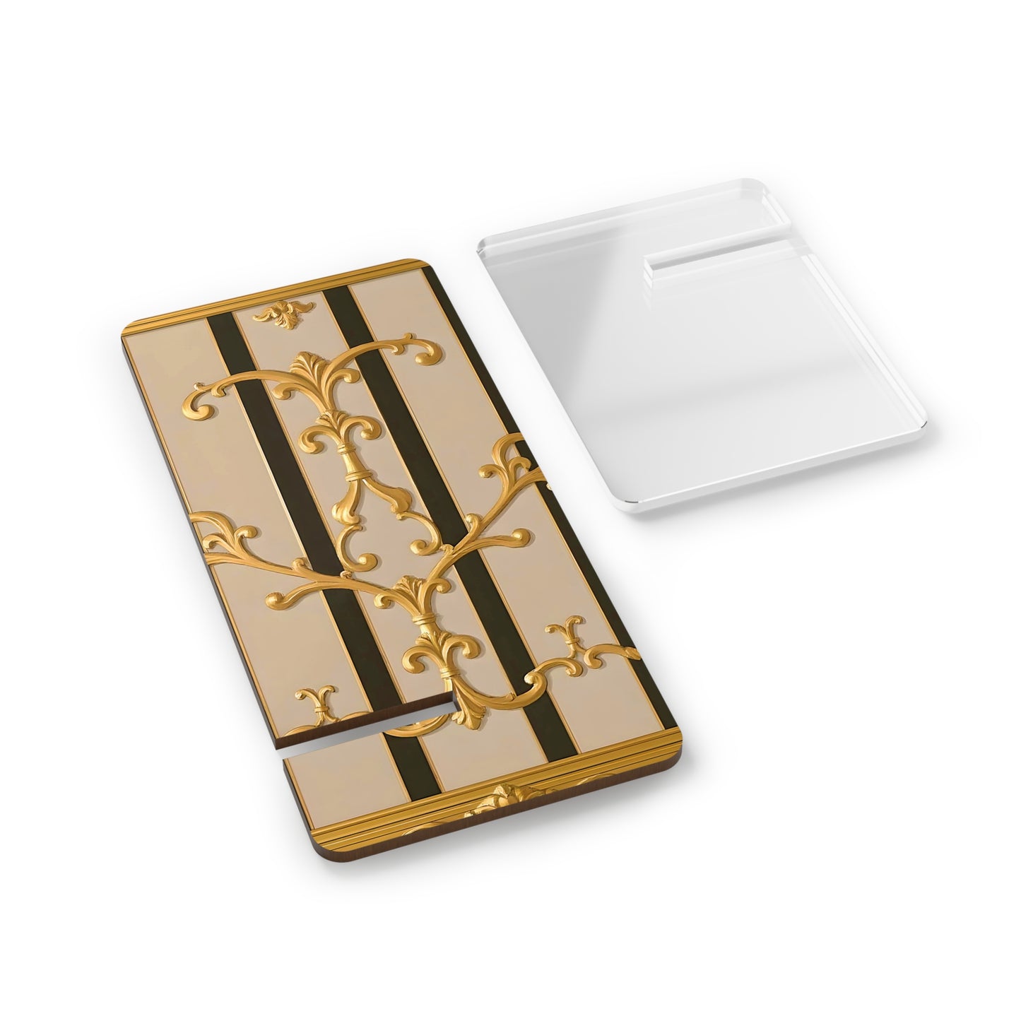 Elegant Mobile Display Stand, Phone Holder, Desk Organizer, Stylish Gadget Accessory - Beige Striped Gold Rococo