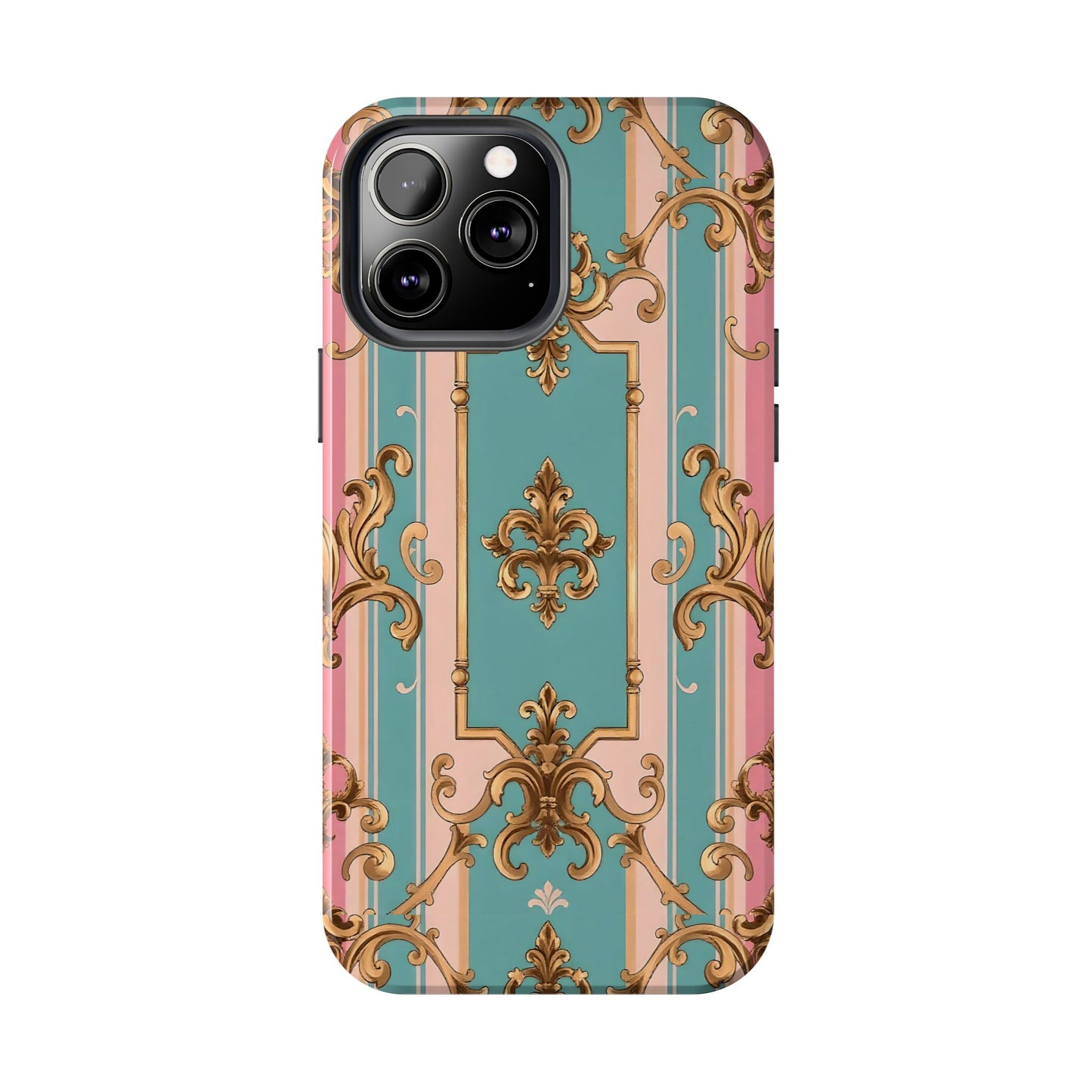 Elegant Floral Tough Phone Case, Artistic Phone Cover, Gift for Her, Chic Phone Accessory - Pink & Matte Turquoise Striped Rococo