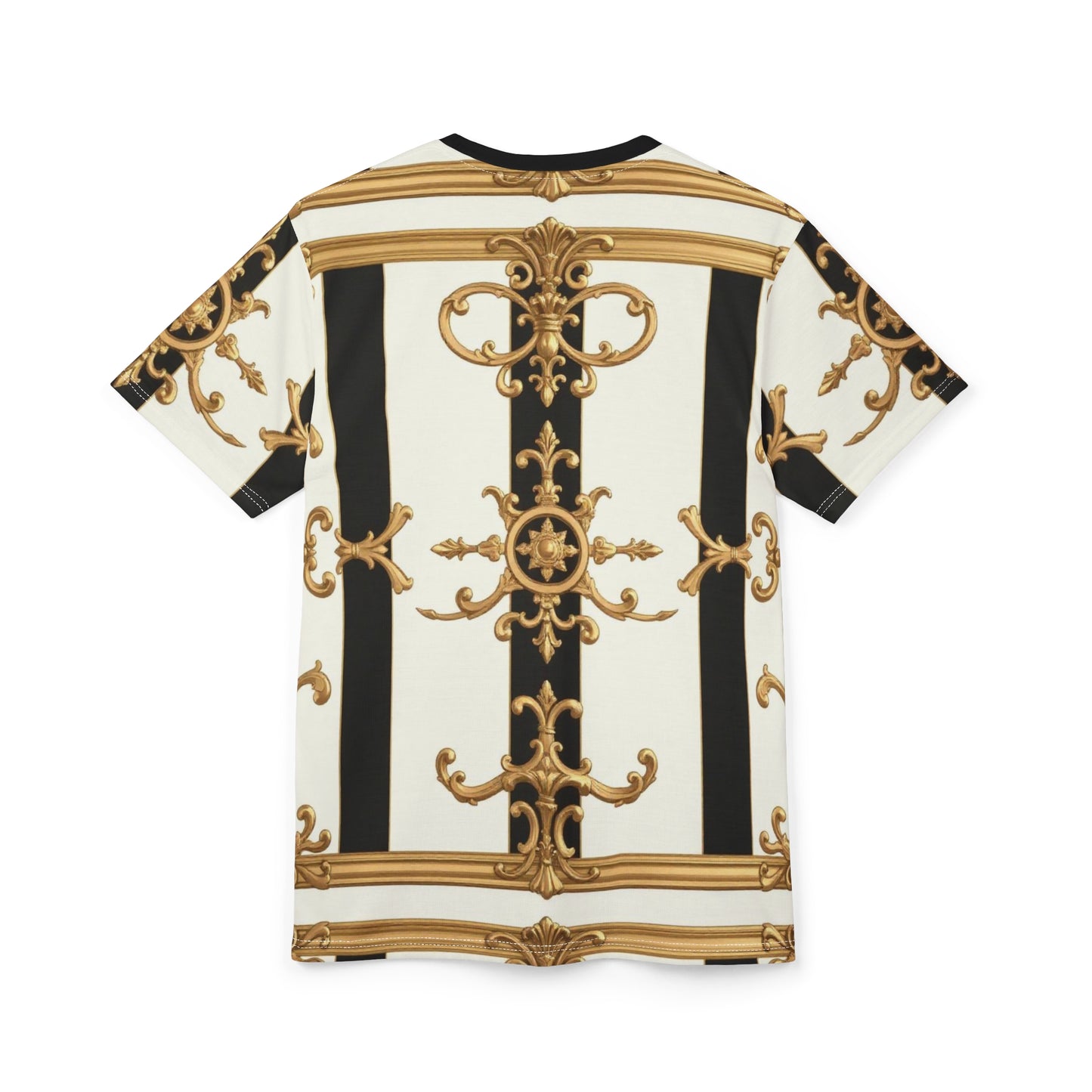 Elegant Baroque Unisex Cut & Sew Tee | Stylish AOP Top, Fashion Statement, Unique Gift, Casual Wear - Black & White Striped Gold Baroque