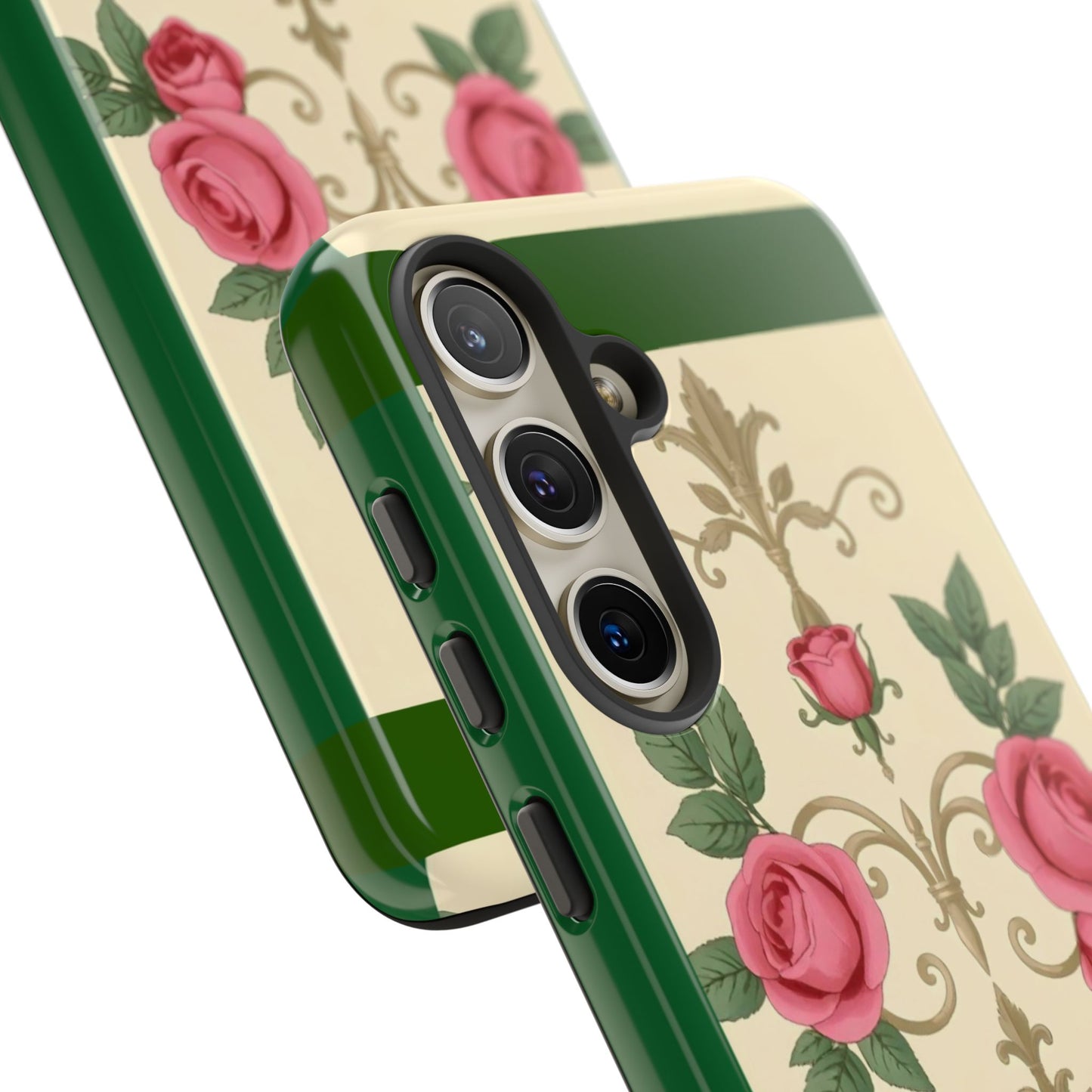 Elegant Floral Motif Phone Case - Tough Cases with Vintage Design - Green Border Roses & Damask