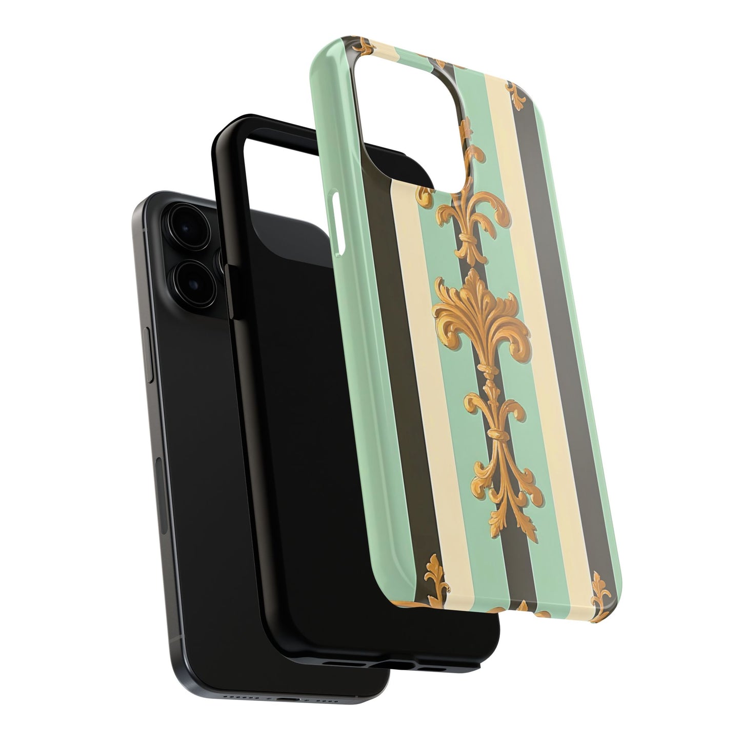 Elegant Floral Tough Phone Cases - Stylish Protection for All Occasions, Gifts for Her, Phone Covers - Black & Matte Mint Striped Rococo