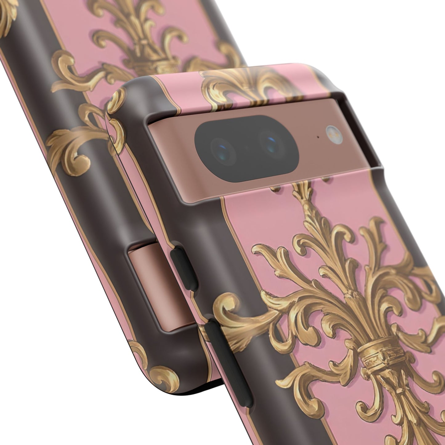 Elegant Floral Motif Phone Case - Tough Cases with Vintage Design - Pink & Brown Striped Gold Damask