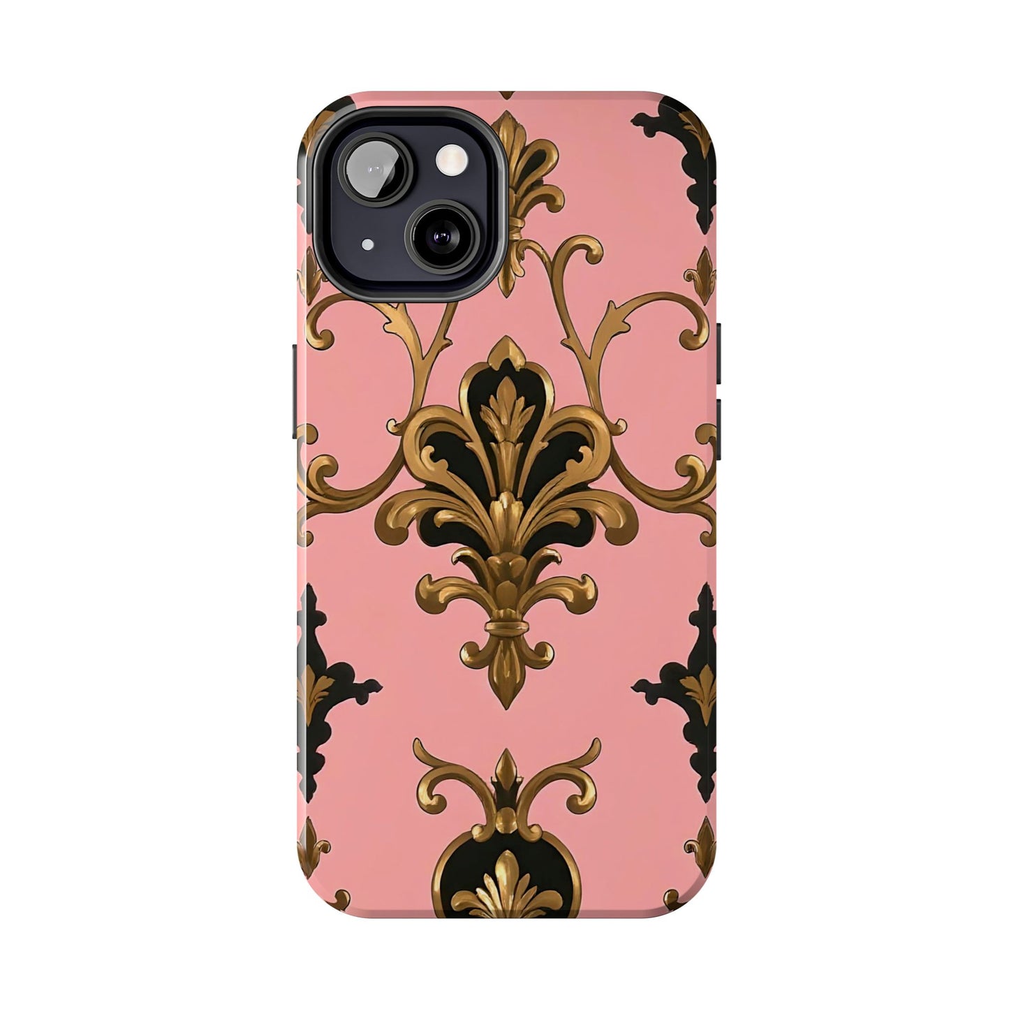 Chic Tough Phone Cases with Floral Design, Elegant Phone Cover, Durable Smartphone Case, Stylish Tech Accessory - Pink, Black & Gold Rococo