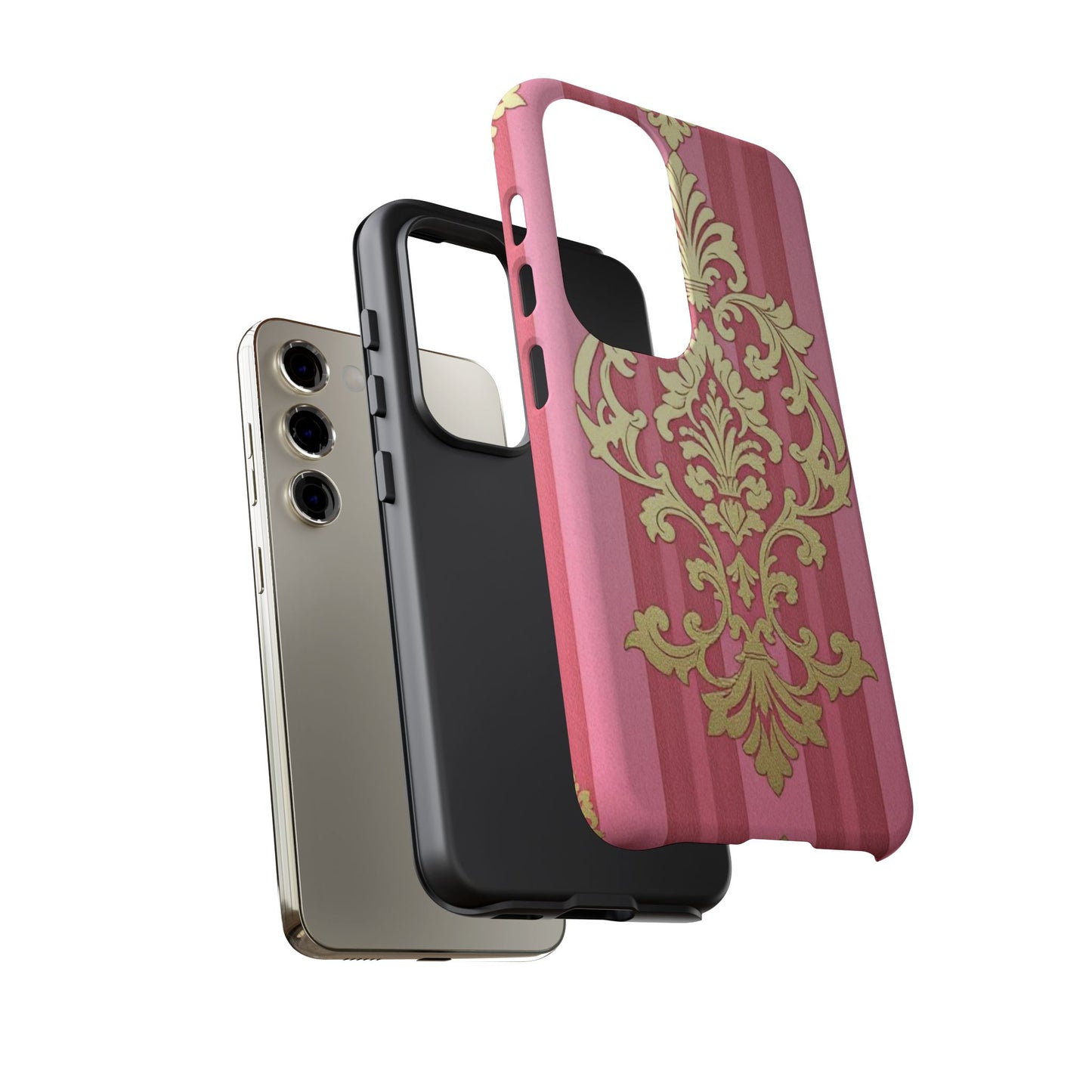 Elegant Floral Motif Phone Case - Tough Cases with Vintage Design - Pink Striped Damask