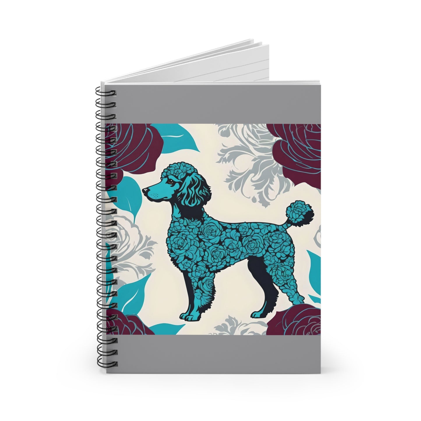 Elegant Vintage Spiral Notebook - Ruled Line with Rose Inspired Turquoise Poodle With Burgundy Roses