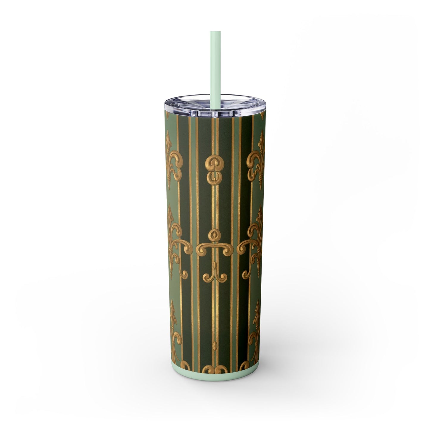 Elegant Green Striped Skinny Tumbler, 20oz Travel Mug, Reusable Cup, Perfect for Gifts, Parties, Home Decor - Green Striped Gold Baroque