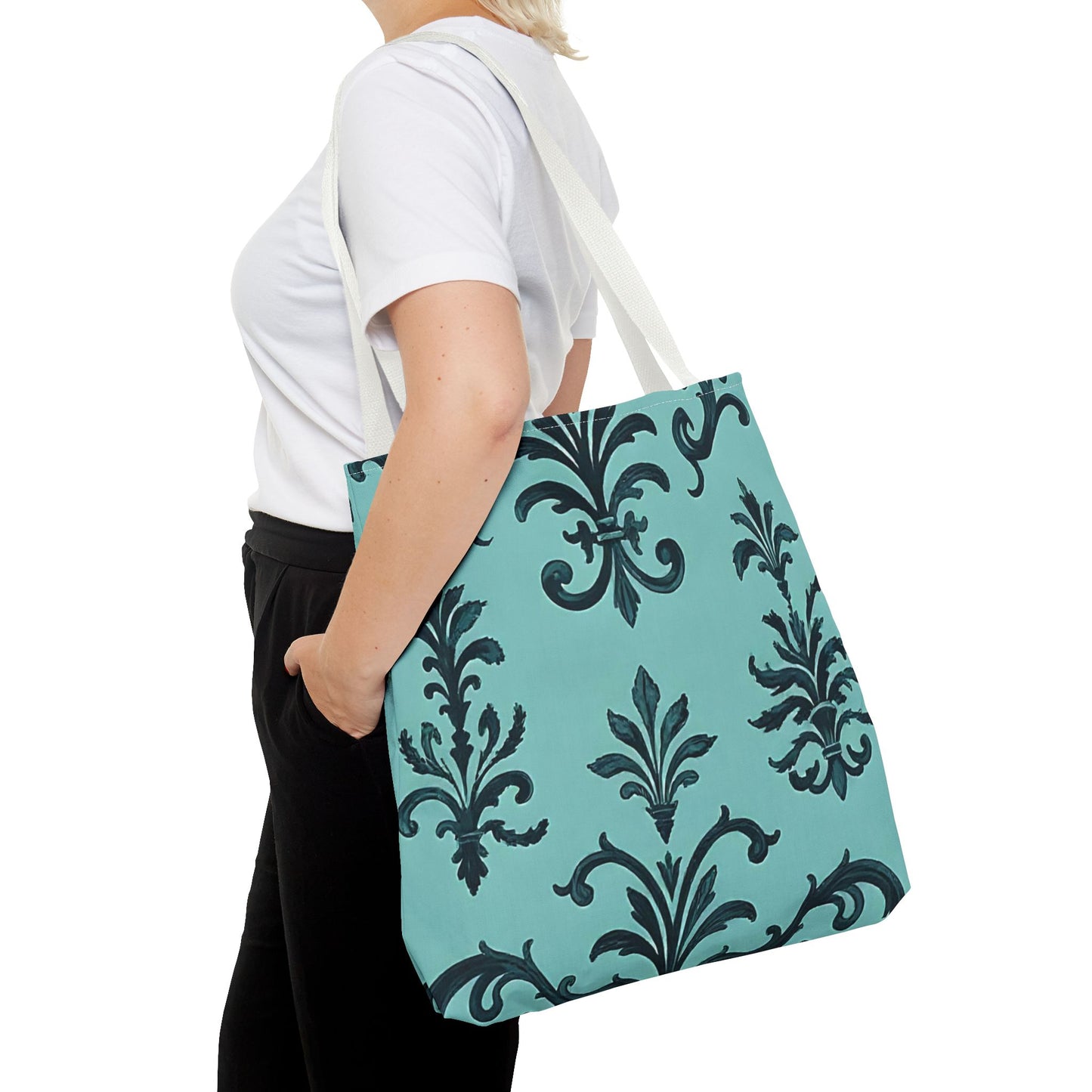 Chic Floral Tote Bag – Stylish Canvas Shopper, Gift for Her, Birthday Present, Everyday Use, Eco-Friendly, Floral Print - Teal Striped Rococo