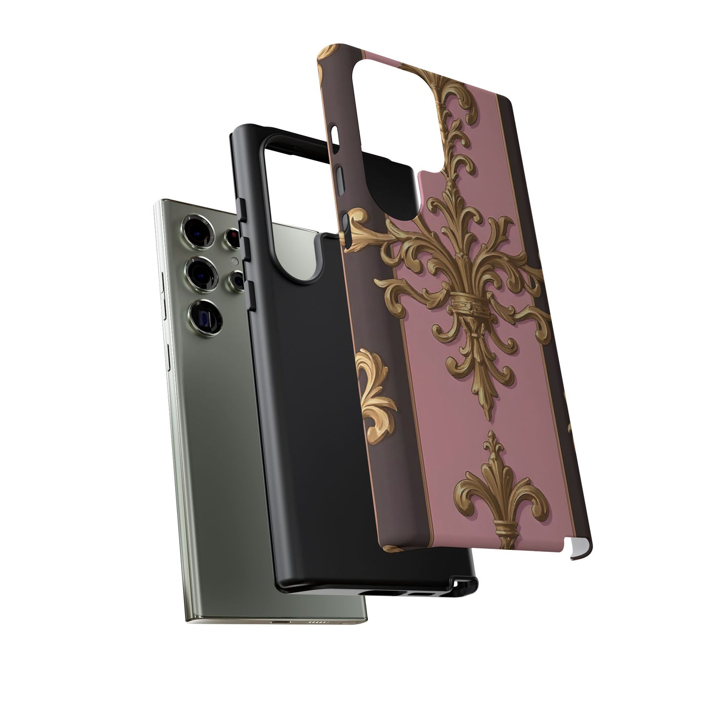 Elegant Floral Motif Phone Case - Tough Cases with Vintage Design - Pink & Brown Striped Gold Damask