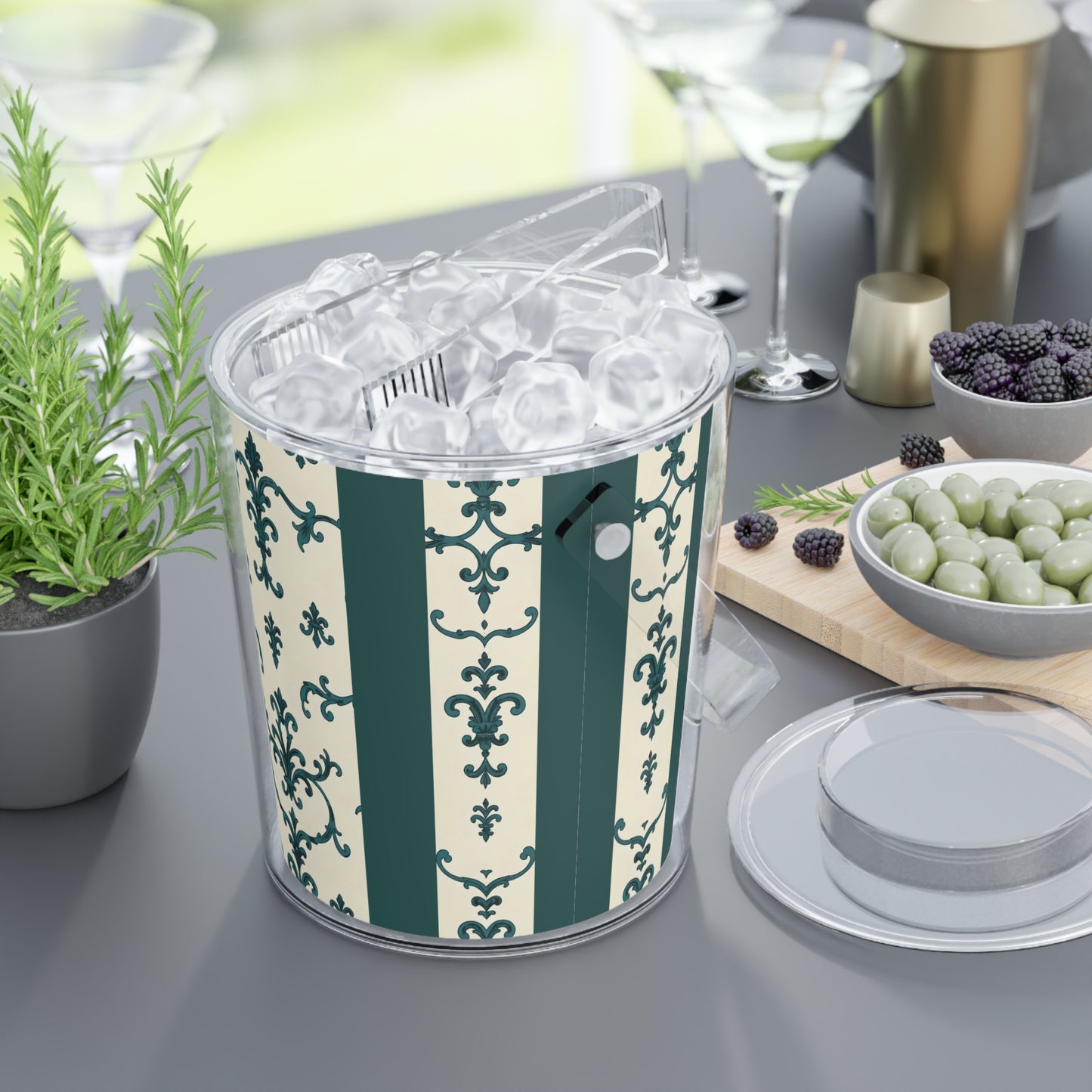 Elegant Ice Bucket with Tongs, Decorative Beverage Chiller, Party Essentials, Wedding Reception Decor, Stylish Home Bar Accessory - Teal Striped Rococo