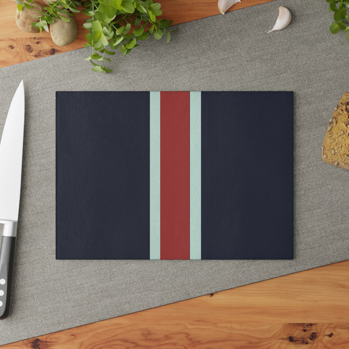 Lunar Midnight & Red-White Striped Stylish Glass Cutting Board – Modern Kitchen Decor, Gift for Housewarming, Wedding, Anniversary