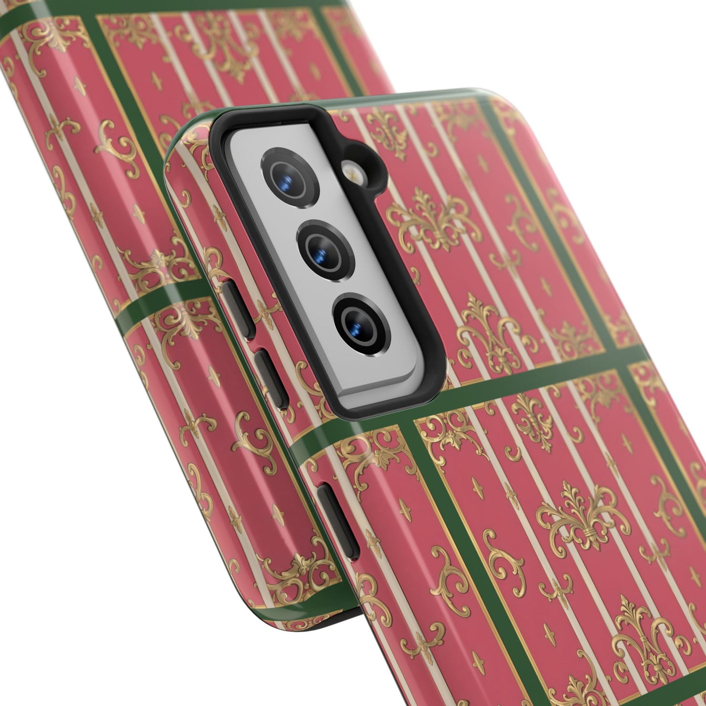Elegant Green Border Pink Striped Baroque Phone Cases, Tough Phone Cases for Protection, Stylish Mobile Accessories, Gift for Her, Holiday Tech Gifts