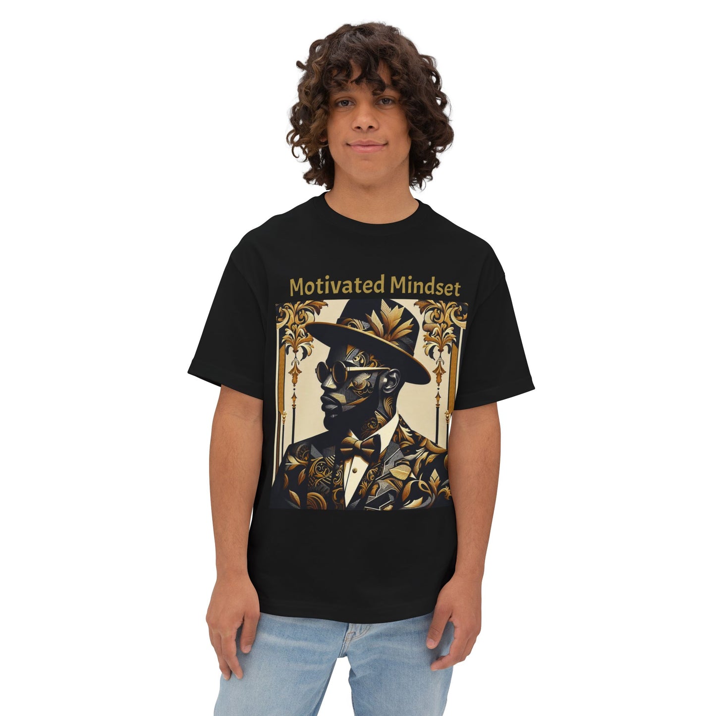 Motivated Mindset Boxy Tee - Unisex Oversized T-Shirt for Inspiration, Casual Wear, Gifts, Motivation, Self-Care - Gold Letters