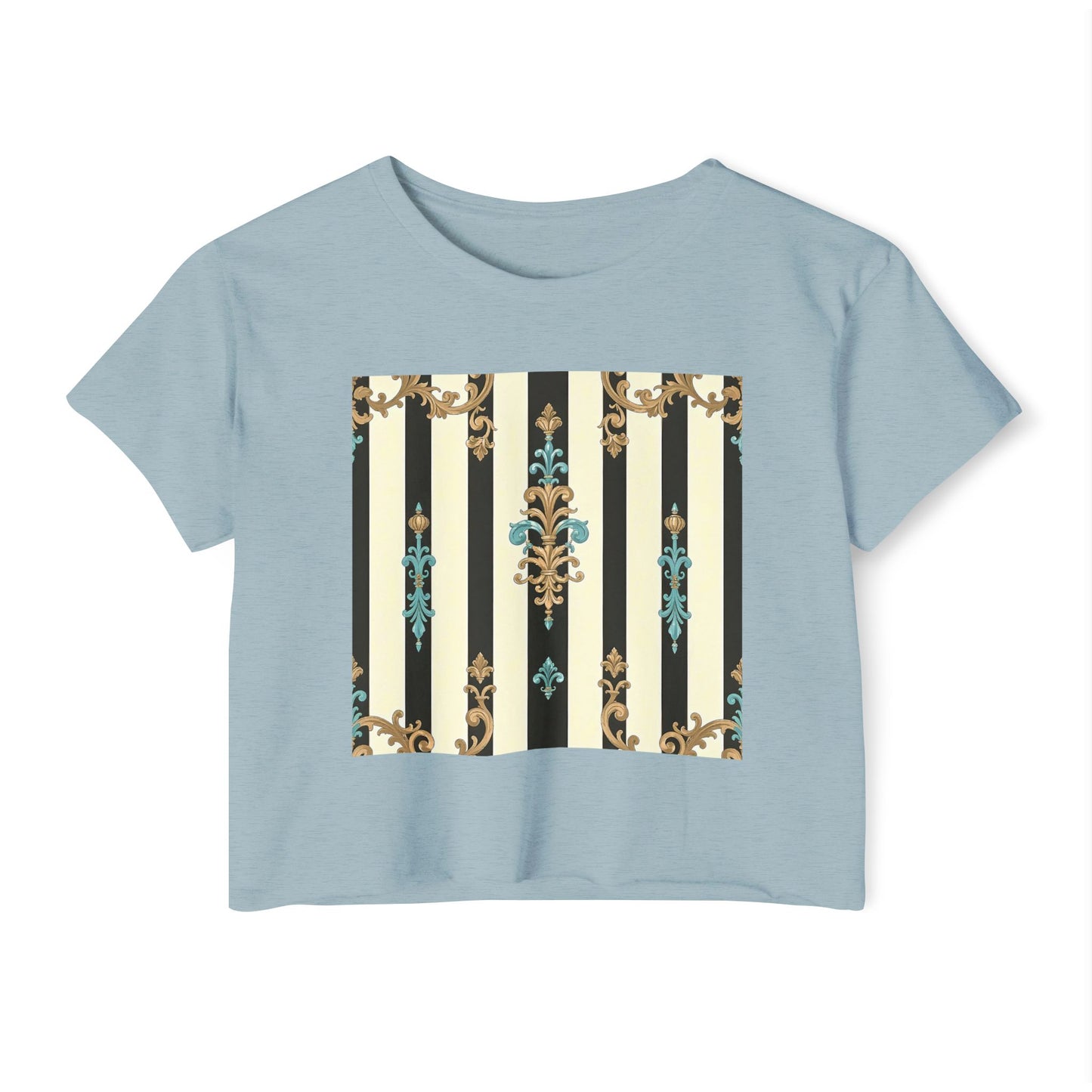 Bohemian Festival Crop Top, Stylish Summer Tee, Casual Day Out Shirt, Trendy Women’s Apparel - Black Striped Turquoise & Black Rococo