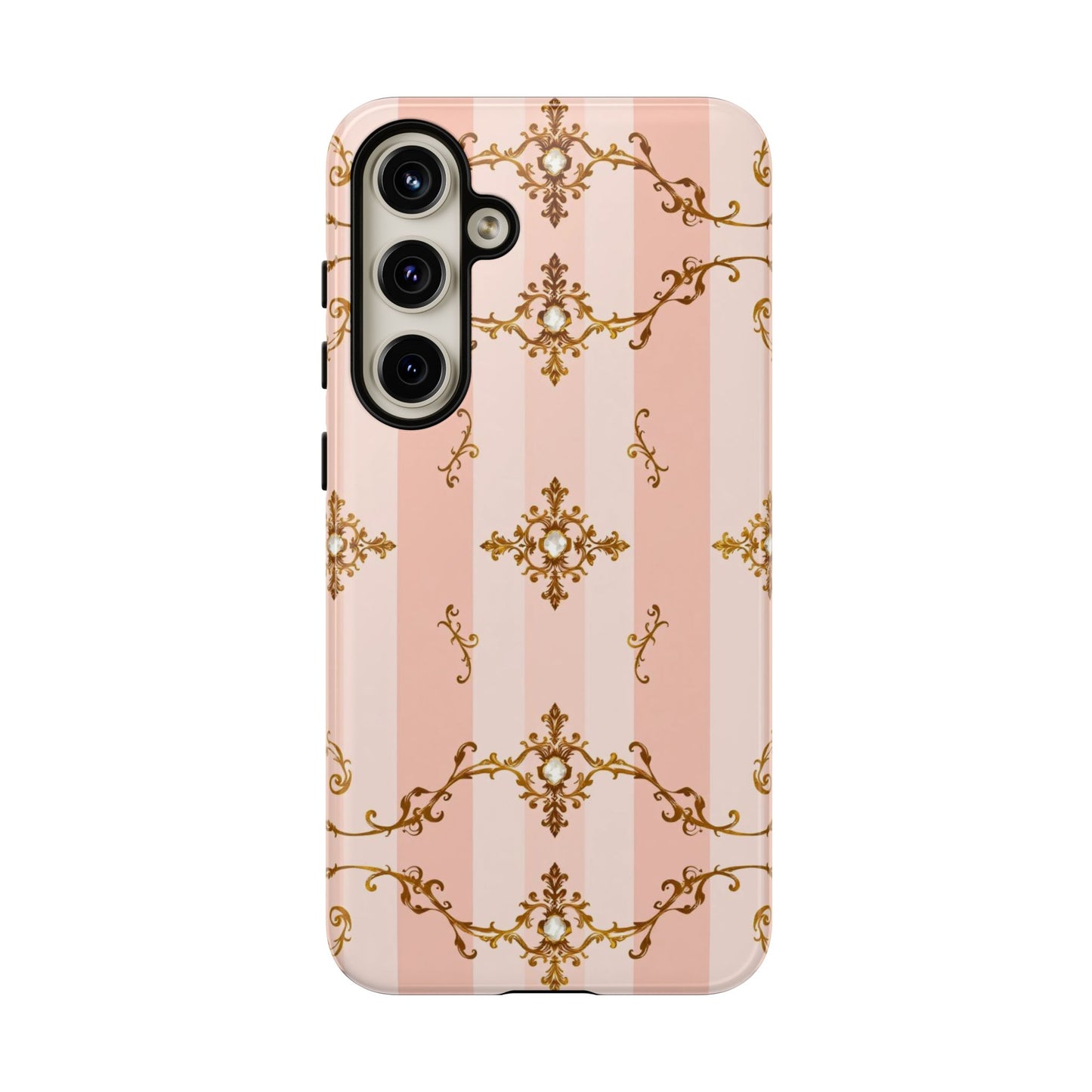 Elegant Floral Phone Case, Tough Cases for Women, Trendy Phone Cover, Chic Gift - Pink Jeweled Striped Gold Baroque