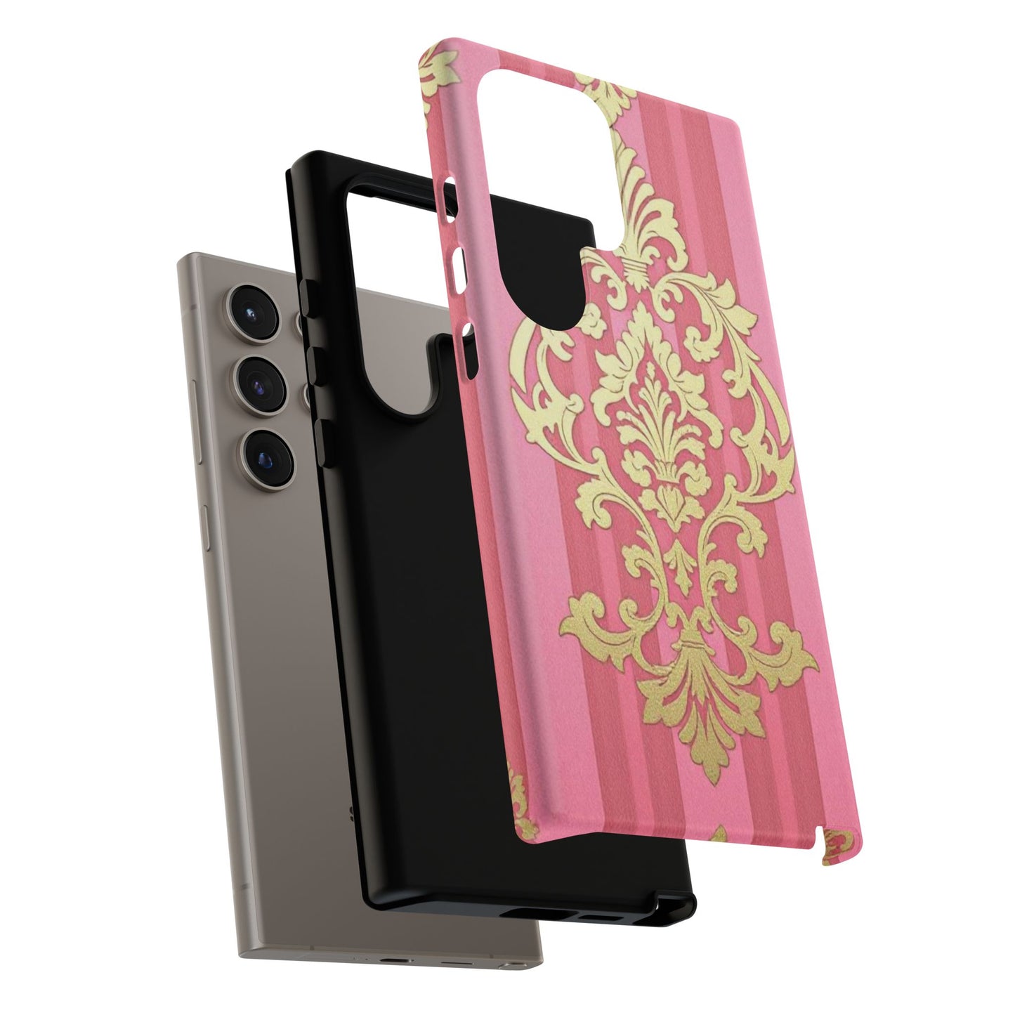 Elegant Floral Motif Phone Case - Tough Cases with Vintage Design - Pink Striped Damask