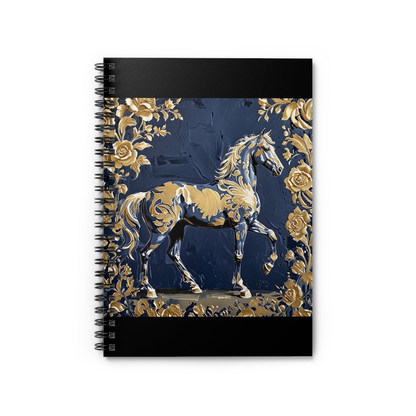 Elegant Vintage Spiral Notebook - Ruled Line with Gold Damask & Midnight Blue Horse