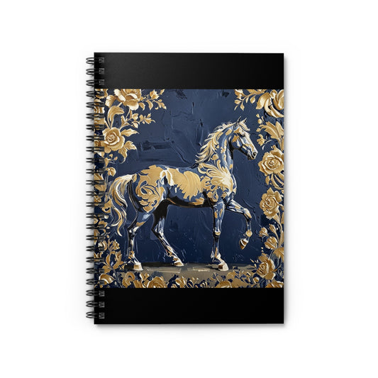 Elegant Vintage Spiral Notebook - Ruled Line with Gold Damask & Midnight Blue Horse