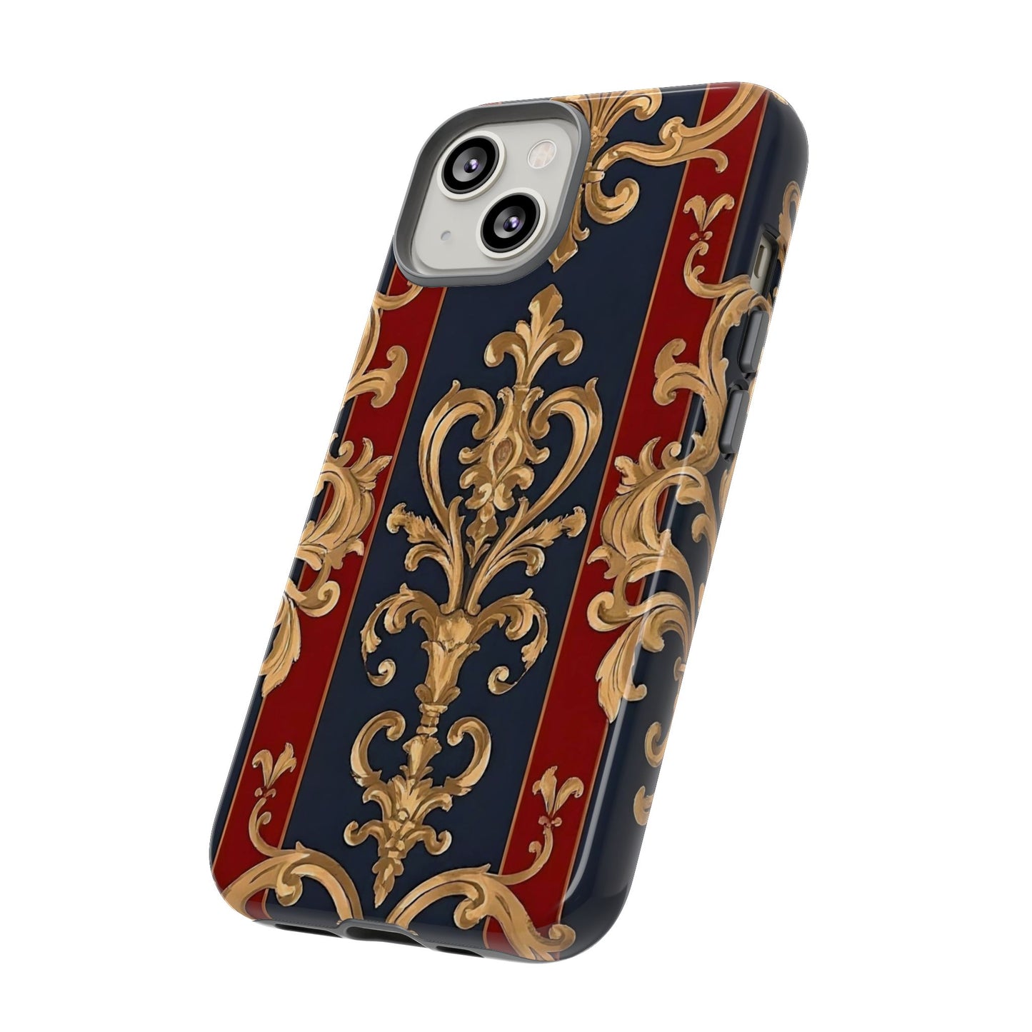 Elegant Floral Motif Phone Case - Tough Cases with Vintage Design - Midnight Blue & Dusk Red Striped Gold Damask
