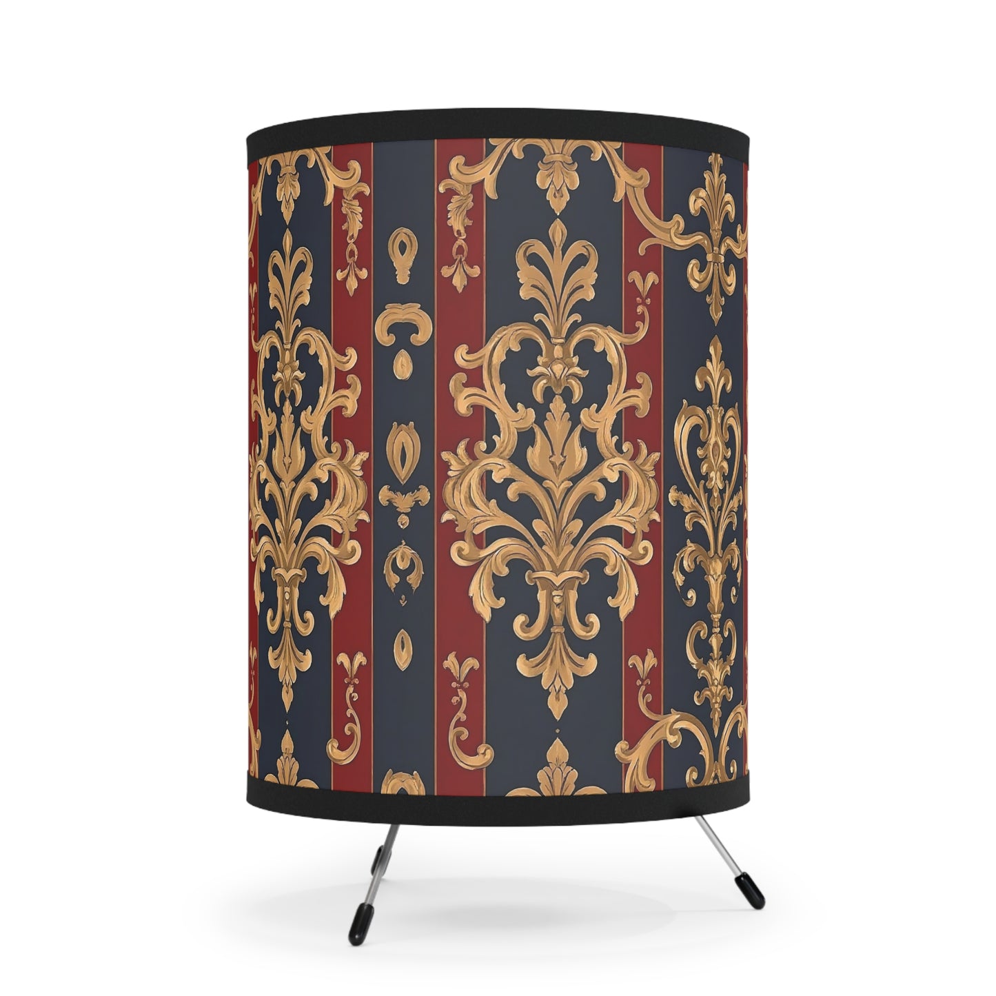 Elegant Tripod Lamp with Vintage Floral Print Shade - High-Res Home Accent - Midnight Blue & Dusk Red Damask