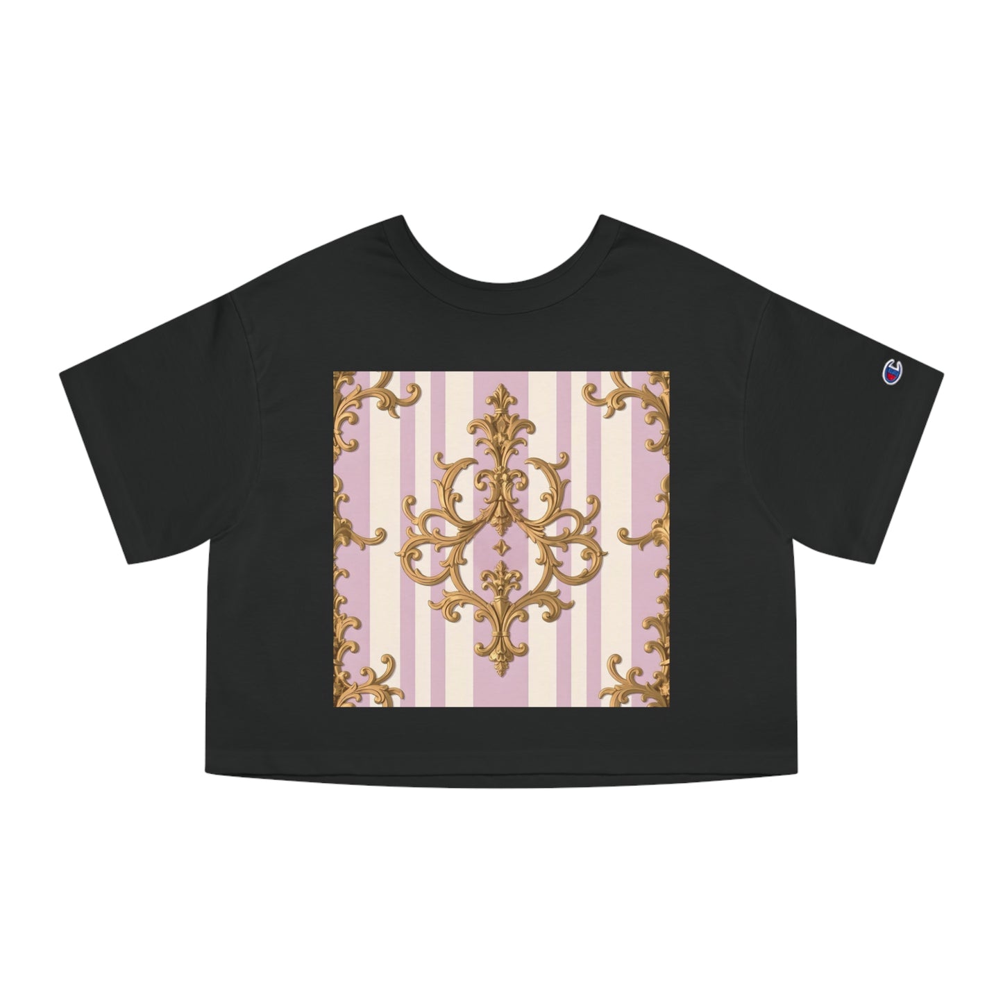 Chic Heritage Cropped T-Shirt | Stylish Graphic Tee, Vintage-Inspired, Casual Top, Summer Fashion, Gift for Her - Lilac & Alabaster Striped Gold Baroque